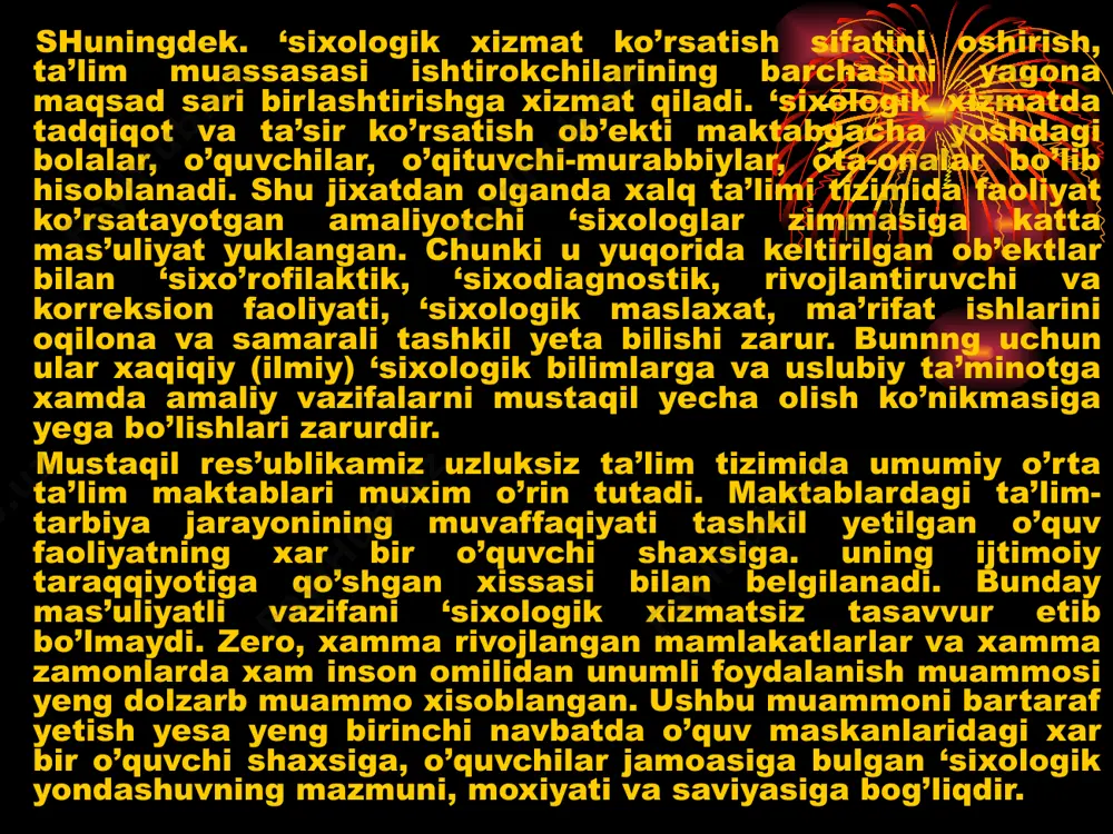 iya fani yutuqlari bilan ta’minlashga, bola (o’quvchi, talaba)ning shaxsiy va intellektual jihatdan rivojlanishini diagnostika qilishga, ta’lim va tarbiyadagi psixologik nuqsonlarni aniqlashga. shuningdek, ‘sixik rivojlanish yoki ta’lim – tarbiya jarayonidagi buzilish va kamchiliklarning oldini olish (profilaktika)ga yo’naltirilgan bo’lishi zarur amaliyotchi psixologlarning faoliyati ‘sixologik konsultatsiya va normalarning ijtimoiy-’sixologik faol metodlari. psixokorreksiya. psixodiagnostika, ijtimoiy, bolalar psixologiyasi soxalari bo’yicha umum’sixologik tayyorgarlik olgan, ‘sixologik ixtisosga yega bo’lgan mutaxassislar tomonidan amalga oshiriladi. lekin, bu masalalar bugungi kunga qadar o’zining aniq yechimini to’magani bois, joylarda amaliyotchi ‘sixologlar ishi samarali tashkil etilmayotir. ilmiy izlanish natijasida uzluksiz ta’lim tizimining barcha bo’g’inlarida faoliyat ko’rsatayotgan amaliyotchi ‘sixologlar uchun ta’lim-tarbiyaning psixologik masalalari, ota-onalar, tarbiyachilar va uktuvchilar uchun psixologik maruzalar, seminarlar, treninglar tashkil qilish usullari. psixo’rofilaktik ishlar. ‘sixologik maslaxatlar berish, ‘sixodiagnostik, psixokorreksion tadqiqotlar utkazish uchun metodikadarning majmuasi jamlanadi. olingan nagi jal ar amaliyotchi-isixologlar faol i yati ni samarali tashkil yetish, kelgusi faoliyatini tug’ri yunaltirish uchun yagona dasturilamal vazifasini bajaradi. amaliyotchi-psixolog o’z faoliyati da …