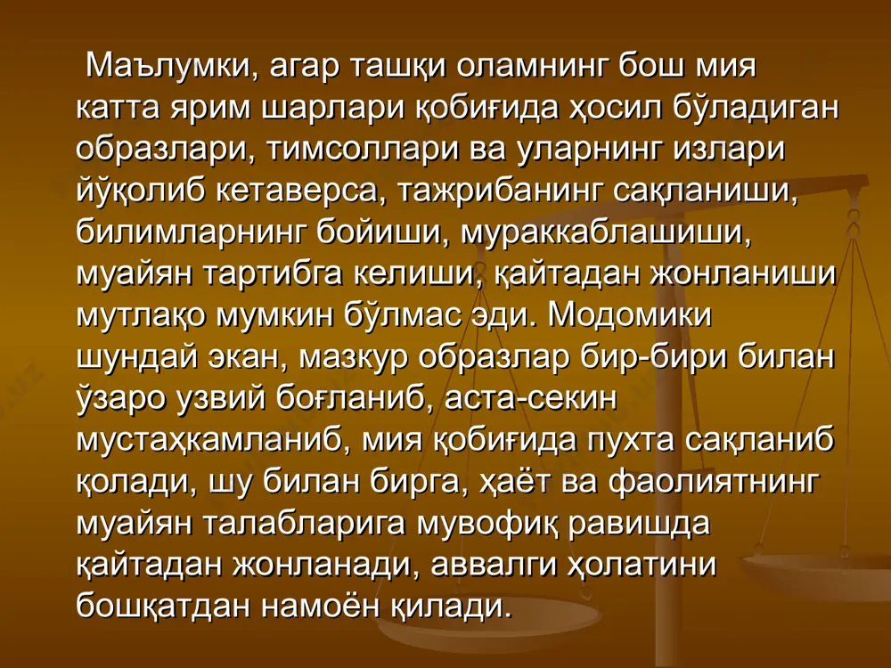 tarzda, verbal va noverbal shaklda, mantiqiy va mexanik yo’l bilan aks ettiruvchi esda olib qolish, esda saqlash, qayta esga tushirish, unutish hamda tanish hissidan iborat psixik jarayon. alohida va umumiylik namoyon qiluvchi ijtimoiy hodisa barcha taassurotlarni ijobiy qayta ishlashga yo’naltirilgan mnemik faoliyatdir". e.g’.g’oziev xotira sohasida quyidagi asosiy jarayonlar: esda olib qolish, esda saqlash, esga tushirish va unutish bir-biridan farq qilinadi. bu jarayonlar faoliyatda tarkib topadi va belgilanadi. ma'lum materialni esda olib qolish hayot faoliyati davomida individual, ya'ni shaxsiy tajribani to’plash bilan bog’liqdir. to’plangan tajribadan keyingi faoliyatda foydalanish qayta esga tushirishni talab qiladi. ma'lum materialning faoliyatda qatnashmay qolishi yoddan chiqarishga olib keladi. keltirilgan xotira turlarini umumiy tarzda quyidagicha ifodalash mumkin: еътиборингиз учун рахмат психологлар. psixik aktivlik faoliyatiga ko'ra materialning davomiyligiga ko'ra faoliyat maqsadiga ko'ra harakat obraz emotsional so'z ma'no qisqa muddatli uzoq muddatli operativ ixtiyorsiz ixtiyoriy xotira turlari