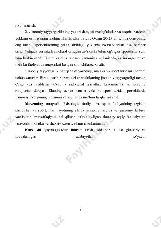 jada surunkali miokard ortiqcha zo‘riqishi bilan og‘rigan sportchilar soni ham keskin oshdi. ushbu kasallik, asosan, jismoniy rivojlanishda, ayrim organlar va tizimlar faoliyatida nuqsonlari bo'lgan sportchilarga xosdir. jismoniy tayyorgarlik har qanday yoshdagi, malaka va sport turidagi sportchi uchun zarurdir. biroq, har bir sport turi sportchilarning jismoniy tayyorgarligi uchun o'ziga xos talablarni qo'yadi - individual fazilatlar, funksionallik va jismoniy rivojlanish darajasi. shuning uchun ham u yoki bu sport turida, sportchilarda jismoniy tarbiyaning mazmuni va usullarida ma’lum farqlar mavjud. mavzuning maqsadi: psixologik faoliyat va sport faoliyatining tegishli sharoitlari va sportchilar hayotining ularda jismoniy tarbiya va jismoniy tarbiya vazifalarini muvaffaqiyatli hal qilishni ta'minlaydigan shunday aqliy funktsiyalar, jarayonlar, holatlar va shaxsiy xususiyatlarni rivojlantirishi. kurs ishi quyidagilardan iborat: kirish, ikki bob, xulosa glossariy va foydalanilgan adabiyotlar ro’yxati. i bob sportchini texnik tayyorgarligining psixologik asoslari 1.1. sportchining texnik tayyorgarligi va uning psixologik xususiyatlari to'g'risida umumiy tushuncha sport rnusobaqalarida sportchining zaruriy texnik tayyorgarligisiz rnuvaffaqiyatga erishib bo'lrnaydi. mazkur sport …