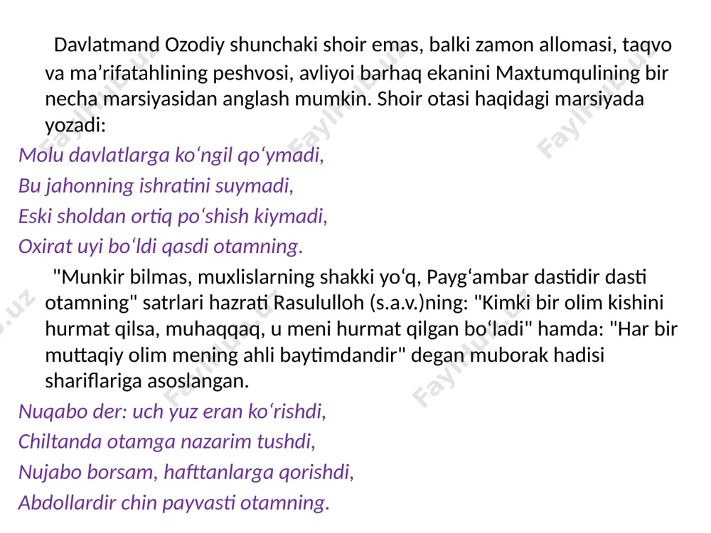 gashur. ularning (so‘z vodiylaridan) har vodiyda daydishlarini (ya’ni, o‘zlariga yoqib qolgan eng tuban kimsa yoki narsalarni ham ko‘kka ko‘tarib, yoqtirmaganlarini tuproqqa qorishlarini) va o‘zlari qilmaydigan narsalarni gapirishlarini ko‘rmadingizmi?". 13 haq yo‘lidagi haqiqiy iymon sohiblari uchun she’riyat ezgulik, go‘zallik, poklik va halollik, taqvo va sadoqat, fayzi ilohiy samarasidir. chunki hadisi sharifda aytilganidek, "hikmatning boshi allohdan qo‘rquvdir" va yana: "she’rda, albatta, hikmat bor". hikmat esa allohning xos ikromidir. chunonchi, qur’oni karimning baqara surasi, -oyatida alloh taolo: "u (alloh) o’zi xohlagan kishilarga hikmat ato etur. kimgaki hikmat berilgan bo‘lsa, bas, muhaqqaq, unga ko‘p yaxshilik berilibdi" deb marhamat qiladi. hikmat – sog‘lom aqlga, sog‘lom qalbga, iymon-e’tiqod va ilmu irfonga muvofiq so‘z, barcha diniy va dunyoviy narsalarning haqqoniy hukmlaridir. maxtumquli, shubhasiz, ana shunday sohibi hikmat zotlardandir. maxtumqulining butun ma’rifati, islomiy muhabbati, ishqi, shavqi, qayg‘usi she’rlarida aks etadi. she’riyat shoir qalbining ko‘zgusidir. maxtumquli she’riyati bani basharga qilingan otashin va ma’rifiy xitoblardan iborat. maxtumquli she’riyati qur’oni karim …