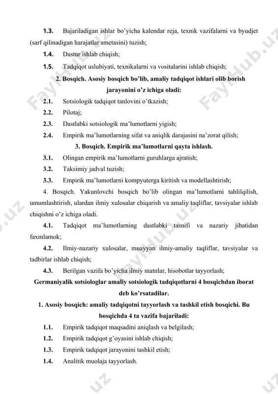 alarini statistik qayta ishlash; 3.2 nazariy jihatdan qayta ishlash; 3.3 olingan natijalarni amaliyotda kullash; har qanday tadqiqot biron-bir muammoni quyilishidan boshlanadi. bunday muammo tashqaridan, buyurtmachi tomonidan berilishi yoki jamiyat xayotida o’zining ilmiy yechimini kutayotgan muammo bo’lishi mumkin. shulardan kelib chiqib, sotsiologik tadqiqotlarni tashkil qilishning asosiy shaqllari: davlat buyurtmasi asosida, xo’jalikshartnomasi asosida, jamoatchilik va aralash tartibda bo’lishi mumkin. sotsiologik tadqiqot dasturi va uning tarkibiy tuzilishi. empirik sotsiologik tadqiqot ob’ekti bo’yicha utkazilgan dastlabki taxlillar asosida mavjud maummoni tahlilqilish dasturi ishlab chiqiladi. ilmiy dastur har qanday amaliy nazariy sotsiologik tadqiqotning dastlabki zarur xujjati hisoblanadi. dastur sotsiologik tadqiqot ob’ekti bo’yicha ishchi farazni tekshirishga qaratilgan, shuningdek tadqiqot bo’yicha ilmiy faraz, bajariladigan asosiy vazifalari va sotsiologik tadqiqot metodologik asosining bayonidan iborat. dastur mazmuni haqida qisqacha ma’lumot berilishi annotatsiya deb ataladi. har qanday empirik sotsiologik tadqiqot dasturining umumiy talablari mavjud. bularga, tadqiqotning asosiy maqsad va vazifalarini aniqlash; ishchi farazni ishlab chiqish; dasturni ishlab chiqish jarayonida kompyuter texnikasidan …