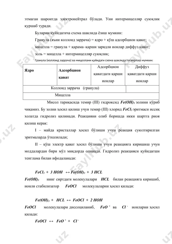 cl -ионлари билан нейтраланган эмас, шунинг учун cl - ионлар гранулани қуршаб олади, натижада тамомила нейтрал мицелла ҳосил бўлади. энди манфий зарядли зоь сифатида as2s3 золини кўриб чиқамиз. бу золни ҳосил қилиш учун арсенит кислотага h3aso3 h2s таъсир эттириш керак; содир бўладиган реакция қуйидаги тенглама билан ифодаланади: 2 h3aso3 + 3h2s ↔ as2s3 + 6 hoh эритмада ортиқча миқдорда бўлган h2s бу системада ионли стабилизатор ролини ўйнайди. h2s ионларга диссоциланади. h2s ↔ hs - + h + бу ионлардан hs -ионлари (эмперик қойидага мувофиқ) мицелланинг ядроси as2s3 га адсорбиланади, шунинг учун бу системада: m [as2s3] - ядро; m [as2s3] nhs - - агрегат { m [as2s3] nhs - , (n-x)h +}- - гранула { m [as2s3] nhs - , (n-x)h +}- + x h + - мицелладир as2s3 мицелласи схематик равишда 1-расмда тасвирланган. 1-расм as2s3 мицелласи схематик тасвири. яна бир мисол тариқасида силикат кислота h2sio3 золини кўриб чиқамиз. бу системада …