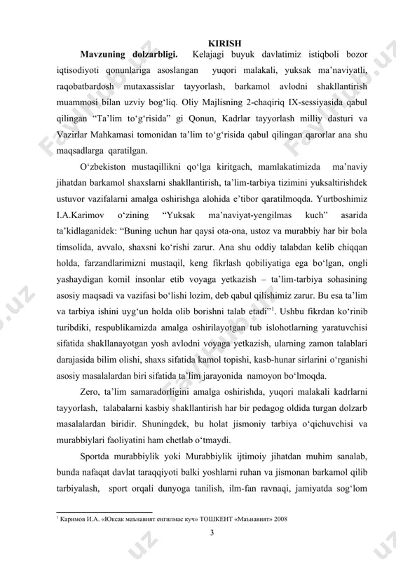 biy pedagogik mahoratga ega, ta’lim –tarbiya nazariyasining psixologik asoslarini mukammal egallagan, milliy istiqlol mafkurasi aosida kasbiy qurollangan, sport faoliyatining dolzarb masalalarini angalagan, sog‘lom turmush tarzi va qadriyatlarimizga mos hayot tarzini tushungan, zamonaviy axborot texnologiyalarini о‘zlashtirgan bо‘lishi shart sanaladi. ayniqsa, hozirgi kunda sportda murabbiylik faoliyatining psixologik xarakteristikasini tadqiq etish о‘ta muhim masalalar sifatida kо‘rilmoqda. murabbiylik faoliyatining psixologik tahlili sport faoliyatidagi bir qator kamchiliklarni shuningdek, sportda murabbiylik, sport va sog‘lom turmush tarzi, sportda pedagogik mahorat, jismoniy tarbiya va sog‘lomlashtirish mashqlari, zamonaviy trener va uning psixologik qiyofasi, salomatlik psixologiyasi, sport faoliyatining psixologik xarakteristikasi, jismoniy madaniyat, komil insonni tarbiyalash masalasi, ta’lim va tarbiya muammolari, sportda texnik va psixologik tayyorgarlik, pedagogik faoliyatning psixo-pedagogik masalalari, tarbiyaga ta’sir etuvchi salbiy omillar kabi muammolarni bartaraf etishni taqozo etmoqda. bu esa, о‘z-о‘zidan ularni bartaraf etishning yangi psixologik usullarini ishlab chiqishga zamin yaratmoqda. shu nuqta’i-nazardan olib qaralganda, bu holat biz e’tibor qaratgan ushbu muammoning о‘rganilish jihatdan dolzarbliligini belgilaydi. ishining maqsadi. …