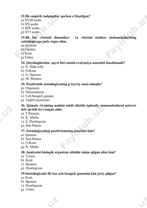 rning o‘sish va rivojlanishini v) ijtimoiy elementlarning muvozanatini, mavjudlik qonunlarini g) statistik materiallarni 51. sotsial dinamika nimani o‘rganadi? a) jamiyatning o‘sish, o‘zgarish va rivojlanish qonunlarini b) jamiyat faoliyatining qonunlarini v) sotsial qonunlarning o‘zaro aloqasini g) sotsial voqeylikning ustuvor yo‘nalishlarini 52. struktura tushunchasining mazmuni bu ... a). asosiy elementlarning aloqasi va tartibli joylashuvi b). hodisa va predmetlarning mohiyati v). guruhlarning o‘zaro munosabati g). kategoriya va tushunchalarning ishlab chiqilganligi 53.qanday stratifikatsion tizim ochiq hisoblanadi? a) kastali b) qatlamli. v) sinfiylik g) totalitar 54. deviant (og‘ishma xulq-atvor) deganda nimani tushunasiz? a) tarkidunyochilik, zohidlik b) daholik v) tabarruk, ilohiylik g) qotillik 55.mentalitet tushunchasi nima? a.) individ yoki ijtimoiy guruhning millatning o‘ziga xos tafakkur tarzi. b). jamiyat a’zolarining ijtimoiy, siyosiy, iqtisodiy hodisalarga bilvosita munosabatlari. v). individ yoki ijtimoiy guruhning xulq-atvori g). shaxsning kasbiy xususiyati 56. begonalashuv nima? a) individ yoki ijtimoiy guruhning ijtimoiy hayotdan ajralib qolishi. b). jjamiyat a’zolarida ijtimoiylashuv jarayoning kuchliligi. v). jamiyat a’zolarining …