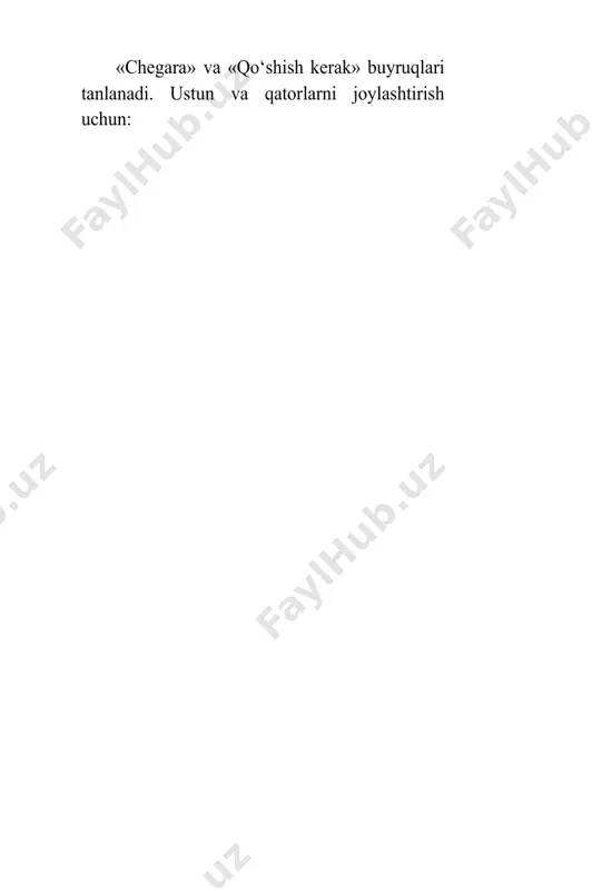 t oynasidan grafik fayl nomi tanlanadi va ok bosiladi. word uchun tayyor rasmlarni joylashtirish jarayoni quyidagi tartib- da amalga oshiriladi: kursor yordamida rasm qayerga qo‘yilishi kerak bo‘lsa, o‘sha yerga olib borib qo‘yiladi? «o‘rnatish» menyusi tanlanib, so‘ng «rasm» (risunok) buyrug‘i be- riladi? boshqa grafik fayllarni ko‘rib chiqish uchun ularning nomini o‘qish kerak. faylni o‘rnatish uchun ok ni bosish lozim. rasmlarni qo‘yish usul- lari: ba’zi bir avtomatik tasvirlar (to‘g‘ri to‘rtburchaklar, chiziq, yo‘nalishlar va boshqalar) ni hosil qilish uchun, rasm panelidan foydalaniladi («sichqoncha»ning o‘ng tugmasi yordamida)? uskunalar panelidan foydalanib, oddiy tasvirlarni ko‘plab hosil qilish mumkin. (o‘rganuvchilarning bu tasvirlarni birma-bir ko‘rishi maqsadga muvofiq bo‘ladi). office 2000 paneli «avtofigura» deb nomlanuvchi bir nechta ope- ratsiyalarni boshqara olishi mumkin bo‘lgan uskunaga ega. paint grafik muharriri yordamida rasmlarni joylashtirish: “ishga tushirish” menyusidan foydalanib grafik muharriri oynasi ochi- ladi? oynaga rasm chiziladi? mos uskunalardan foydalanib, rasmni ajratish, almashtirish buferidan nusxalanadi? wordning oynasiga o‘tiladi? «yo‘g‘rilash» menyusidan «o‘rnatish» buyrug‘i tanlanadi. …