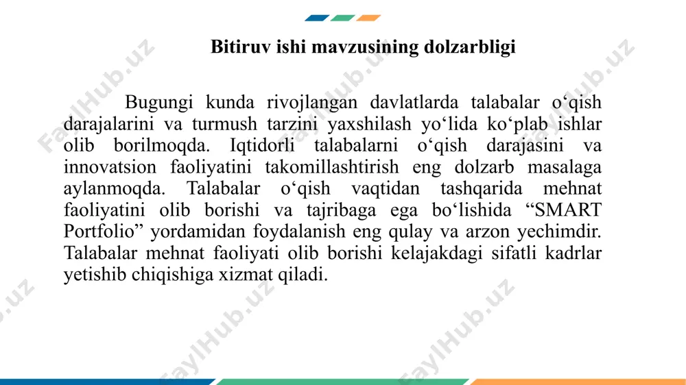innovatsion faoliyatini takomillashtirish saytini tashkil etish metodikasi “smart portfolio” asosida iqtidorli talabalarning innovatsion faoliyatini takomillashtirish saytini amaliyotga tadbiq etish talabalar uchun yaratilgan “smart portfolio” orqali erishilgan natijalarni tahlil qilish vi-bob. hayot faoliyati xavfsizligi. ekologiya ekologik monitoring tabiiy tustagi favqulotda vaziyatlar ish joyida irgonomika asoslari smart portfolio 2 1 4 3 php python, django html css smart portfolio saytimizni tuzishda foydalanilgan dasturiy ta`minotlar smart portfolio saytimizning internetdagi manzili: portfoliotatu.uz xulosa hozirgi kundagi global va it sohasidagi yutuqlar imkoniyati va texnologiyalari bizga bunaqangi sohadagi keng ko‘lamli va tizimli yondashish imkonini beradi. milliy ko‘rinishdagi bu platformamda aniqrog‘i saytimda buni takomillashtirib, yangi innovatsion metodlar asosida smart portfolio usullarini aholi, talabalar o‘rtasida tadbiq etdim. talabaning bilim olish faolligini, o‘zining maqsad va imkoniyatlarini bilish darajasini oshiradi. talabada o‘z bilim va imkoniyatlarini, iqtidorini baholash va u asosida maqsadni to‘g‘ri va aniq belgilash, kelajakni o‘ziga ishonib rejalashtirish, olgan bilimlarini hayotda amalda qo‘llashga ishonch paydo bo‘ladi. bitiruv malakaviy ishimdan …