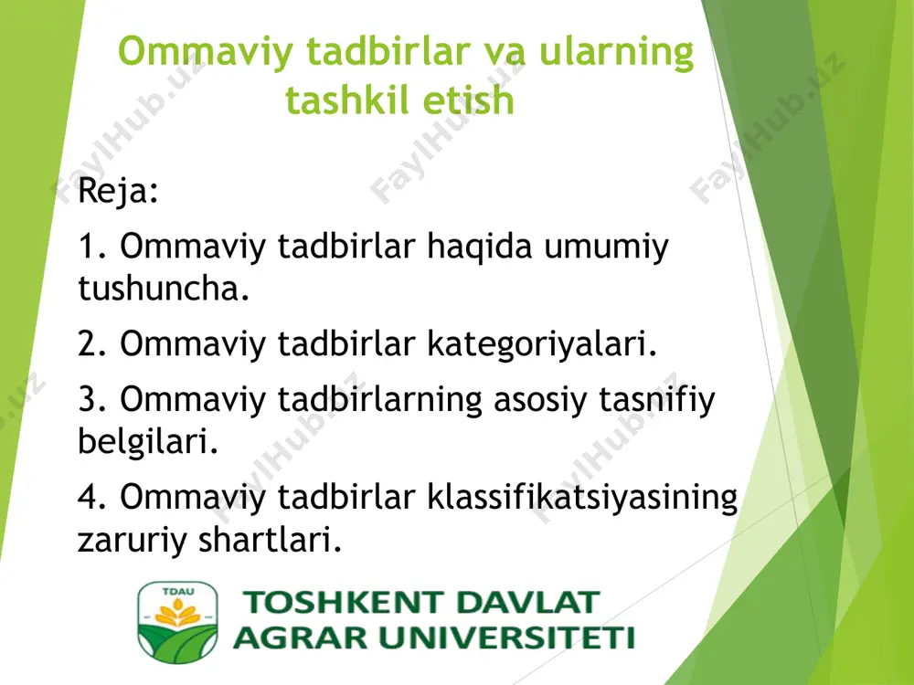 atta tadbirlarga mos keladigan umumxalq tadbirlaridir. bular, birinchi navbatda, mamlakatimizning hayotidagi muhim sanalari, tarixiy voqealar, bayram kunlaridir. umumxalq tadbiri alohida ijtimoiy guruhlarning bir qator o’ziga xos tadbir ishtirokchilari mavjud: ishchilar, ziyolilar, yoshlar, etnografik va hududiy jamoalar, birgalikda harakatlanadigan turli kollektivlardan iborat. ikkinchi guruh muayyan ma’lum guruh vakillari uchun muhim bo’lgan voqea-hodisalar va sanalar, mahalliy bayramlar hisoblanadi. bu tadbirlar qatoriga kasb bayramlari, yoshga doir tadbirlar, viloyat, shahar, tuman, qishloqlarning muhim sanalari hisoblanadi va ma’lum doira va mashtabda o’tkaziladi. uchinchi guruh tadbirlariga quyidagilar kiradi: shaxsiy, oila yoki kishilar guruhi uchun muhim bo’lgan voqea, sanalarda tadbirlar uyushtiriladi. tadbirning maqsad va vazifalarini belgilash - ish boshlash uchun muhim ahamiyatga ega. bu mutlaqo majburiy bosqichdir. tadbirlarni tashkil qilish odatda ijodiy ish bo’lib va qiziqarli jarayon. g’oyalar va farazlar juda ko’plab topiladi, hamda doimo muhokama qilish va iloji boricha tezroq aniq bir jarayonlarni tayyorlashni istaladi. e-mail: shoxjahon.jalilov@mail.ru tel: +998942919339 +998332919339 e‘tiboringiz uchun rahmat!