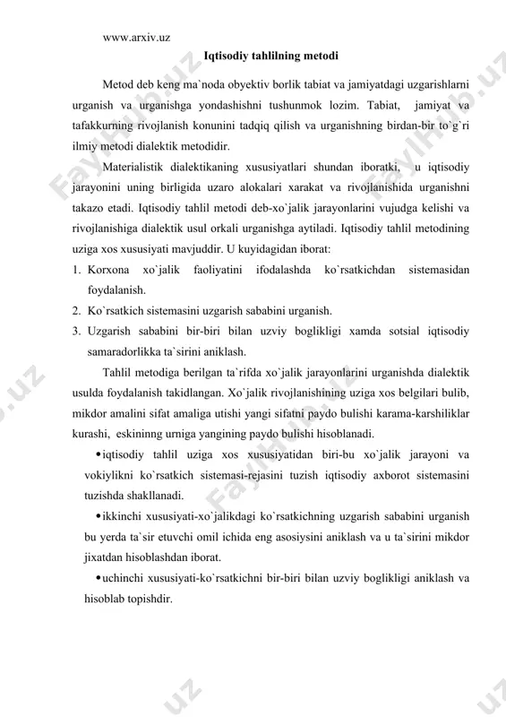 zviy boglikligi aniklash va hisoblab topishdir. tahlilda qo`llaniladigan usullar va ularning klassifikatsiyasi xo`jalik faoliyatini tahlil etishda kupgina usuldan foydalaniladi. bu usulni kuyidagi 2 guruxga ajratish mumkin: 1. an`anaviy usul; 2. matematik usul; an`anaviy usul-tarkibiga kuyidagini kiritish mumkin: · mutlok, nisbiy va urtacha mikdor ko`rsatkich; · takkoslash guruxlariga ajratish, indeks metodi, zanjirli boglanish, balans metodi. tahlilda mutlok, nisbiy va urtacha mikdor ko`rsatkichi orkali biznes rejaning bajarilishi ko`rsatkichni mikdor jixatdan uzgarishi aniklanadi. tahlilda eng kup qo`llaniladigan usul bu takkoslash usulidir. uning kuyidagi shakli mavjud: 4. haqiqiy ko`rsatkichni biznes reja bilan takkoslash; 5. utgan yildagisi bilan takkoslash; 6. urtacha ko`rsatkich bilan takkoslash; 7. ilgor korxona ko`rsatkichi bilan tukkoslash. guruxga ajratish-urganilayotgan xodisani bir xil alomatiga karab tarkibiy kismga ajratish tushuniladi. guruxlantirish tahlilning muxim usulidir. biron bir natijaga ta`sir etuvchi omil bir kancha bulsa, shudan eng asosiysini aniklash xam etuvchi omilni aniklashda bu usuldan foydalaniladi. balans usuli - bu bir-biri bilan bogliklik bir kancha mikdorning …