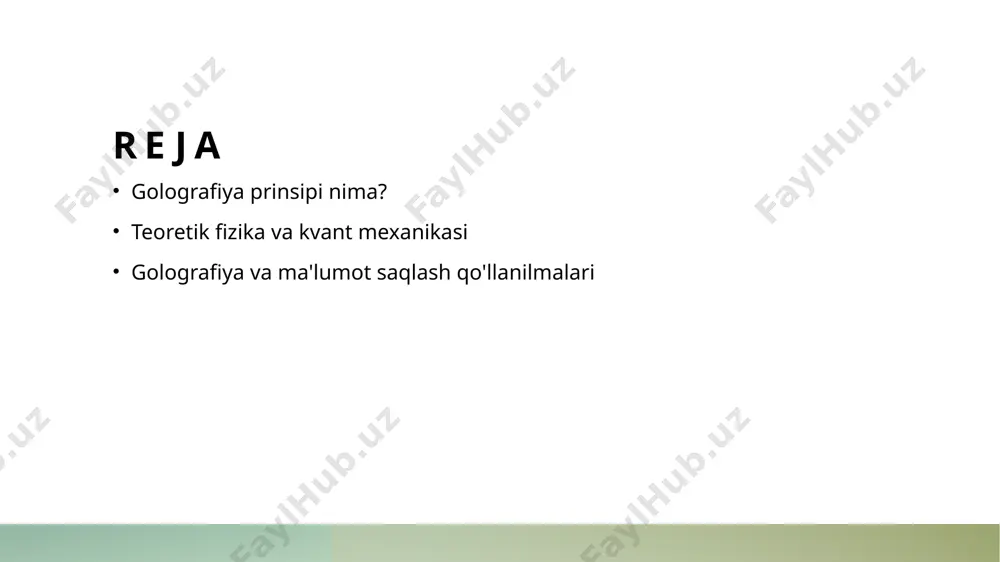 rivojlantirishga yordam bermoqda. kelajak istiqbollari golografik ma'lumot saqlash texnologiyalari, kiberxavfsizlik va bulutli hisoblash sohalarida yangi imkoniyatlar yaratadi, bu esa kelajakda keng qo'llanilishini ta'minlaydi. holografik nazariya: o'zbekiston ilm-fanida tadqiqotlar va yutuqlar. 1 holografik nazariya asoslari holografik nazariya, koinotning ma'lumotlarni chetida saqlash imkoniyatini ko'rsatadi. bu nazariya fizikada yangi tushunchalar va tafakkur imkoniyatlarini ochadi. 2 o'zbekistondagi tadqiqotlar o'zbekistonda holografik nazariyaga oid tadqiqotlar amalga oshirilmoqda. ular kvant mexanikasi va kosmologiyada mahalliy olimlar tomonidan olib borilmoqda. 3 ilmiy yutuqlar o'zbekiston olimlari holografik nazariyani amaliy tadqiqotlarda qo'llash orqali yangi ilmiy yutuqlarga erishmoqdalar, bu esa xalqaro miqyosda e'tirof etilmoqda. 4 kelajak istiqbollari holografik nazariyaning o'zbekistondagi rivojlanishi, mamlakat ilm-fanida global innovatsiyalarni keltirib chiqarishi va yangi texnologiyalarni yaratishi kutilmoqda. golografiya prinsipi: teoretik fizikadagi asosiy tushunchalar. golografik nazariya golografik nazariya, koinotning har bir nuqtasidagi ma'lumotlarni uning chekkalarida ko'rsatish imkoniyatini taqdim etadi, yangi fizik tushunchalar yaratadi. ma'lumotning saqlanishi holografik prinsip, ma'lumotlar saqlanishi va uzatishda yangi metodlarni taklif etib, ma'lumotlarning samaradorligini oshirish …