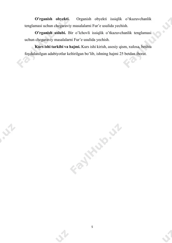 da o‘tgan issiqlik miqdori formulaga ko‘ra parallelepipedning yuzasidan o'tayotgan issiqlik miqdori esa ga teng. u holda v hajmda ox o’qi bo’yicha qolgan issiqlik miqdori bo’ladi. xuddi shu kabi parallelepipedning qolgan yoqlaxi bo‘yicha issiqlik miqdori ga teng bo’ladi. u holda hajmda vaqtda oqayotgan umumiy issiqlik miqdori formula bilan aniqlanadi. faraz qilaylik. qaralayotgan v parallelepipedning ichida issiqlik manbalari bo‘lsin. parallelepipeddagi issiqlik manbalarining zichligi bo'lsin, ya’ni funksiya vaqt ichida hajmdan ajralib chiqqan yoki unga singib ketgan issiqlik miqdori bo‘lsin. u holda tashqi manbalar ta'sirida hajmdan vaqt, oralig‘ida ajralib chiqqan issiqlik miqdori (1.2) bo‘ladi. qaralayotgan qattiq jismning vaqtdagi haroratini o ‘ichash uchun sarflangan issiqlik miqdori bu yerda qattiq jismning zichligi, esa uning solishtirma issiqlik sig'imi bo‘lib, ularni argumentlarining uzluksiz funksiyasi deb hisoblaymiz. lagranj teoremasiga asosan sarf qilingan issiqlik miqdori uchun quyidagi ifoda olamiz.bu yerda endi hajm uchun issiqlik balansi tenglamasini tuzamiz. ma'lumki, u holda (1.2)-(1.4) ifodalardan kelib chiqadi. ohirgi ifodani ga qisqartirib so’ngra limitga …