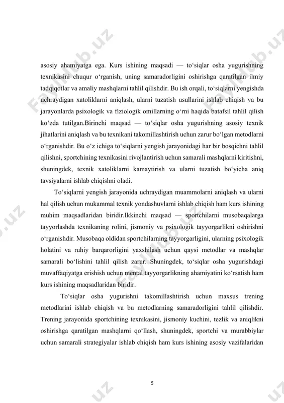 mavzu sportning yuqori darajadagi natijalarga erishishiga, murabbiylar va sportchilarni tayyorlash jarayonida samarali qo‘llaniladigan usullarni ishlab chiqishga xizmat qiladi. shu bilan birga, to‘siqlar osha yugurish texnikasini takomillashtirish mavzusini o‘rganish, sport sohasida yangi bilimlarni yaratish va amaliyotga tatbiq etish uchun zarur bo‘lgan ilmiy tadqiqotlarni amalga oshirishga yordam beradi. bu ish orqali nafaqat jismoniy tayyorgarlik, balki psixologik va texnik tayyorgarlikning muhimligini ko‘rsatish mumkin. kurs ishining maqsadi, sportchilarning eng yuqori darajadagi musobaqalarda muvaffaqiyatga erishishiga xizmat qiladi. kurs ishining vazifasi: to‘siqlar osha yugurish texnikasini takomillashtirish, uning samaradorligini oshirish va musobaqalarda yuqori natijalarga erishish uchun zarur bo‘lgan ilmiy, metodik, va amaliy yondashuvlarni ishlab chiqishdan iborat. ushbu ish orqali, to‘siqlarni yengish texnikasi, sportchilarning tayyorgarlik jarayoni, ularning jismoniy va psixologik holatini yaxshilashga qaratilgan aniq vazifalar belgilab olinadi. kurs ishining vazifalari quyidagilarni o‘z ichiga oladi:to‘siqlar osha yugurishdagi texnikani takomillashtirishda ilg‘or yondashuvlar va yangi metodlarni qo‘llash zarur. kurs ishida bu vazifa — yangi ilmiy tadqiqotlar va amaliy metodlarni o‘rganib, ularni …