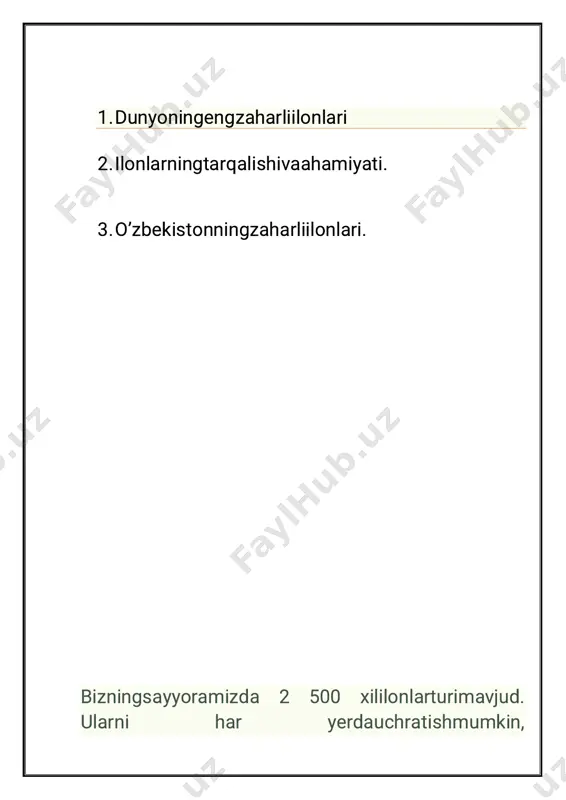 gao’tadi. tezlikkaegabo’lgan mamba ko’pinchao’ljasiniketidanquvlabboradi, pistirmadao’tirmaydi. mamba birchaqqanida 400 mg zaharsochadi. kattalarnio’limgaolibkeladigandozasi 10-15 mg. uningzahrifalajlikvao’limolibkeladi. yo’lbarsiloni yo’lbarsiloni – aspidlarniyanabirvakilivaavstraliyadayashovchiilon. bu unchakattailonbo’lmasadajudazaharli. unchakattabo’lmaganhayvonnichaqqanda u darholo’ladiradi. xavfshundaniboratki u deyarliavstraliyaninghammahududidauchraydivabuk ontinentgaengko’pjoylashganilonlardir. ko’zoynakliilon, yokihidistonko’brasi ko’zoynakliilon, yoki hind ko’brasi – judachiroyli rang-barangilon, 1,5-2 m gachao’sadi. hindiston, o’rtaosiyo, janubiyxitoydayashaydi. ko’bradunyogakelishibilanoqzaharlixisoblanadi. ko’zoynakliko’braningzahridatoksinlarbor, u markaziyasabtiziminiishdanchiqaradi. bir gram zaharo’rtachabo’lgan 140 ta itnio’ldirishgayetadi. malay krayti malay krayti – aspidoilasidaengxavfliilon. hechkimniyoqtirmasligibilanajralibturadi. u avstraliya, janubiyosiyova malay arxipelagiorollaridajoylashgan. uningzahri – o’ldiradivabirinchinavbatdainsonni bosh miyasigata’sirqiladi. o’limtezkelishimumkinvahattofalajlikasoratisiz. jigar rang qirol, yokimulga jigar rang qirol, yokimulga – judazaharliilon, avstraliyaning har biryeridauchraydi. bu kattailonningchaqishiinsonhayotiuchunhaqiqiytahdid dirchunkichaqqandankeyininsono’ladi. burunliengidrina burunliengidrina – hinda- tinchokeaniningtropikqismidayashovchizaharliilon. u zaharliilonlarturigakirsa ham lekintinchliksevarxulqqaega. dengizdabaliqchilardanuzoqroqyuradi. bu ilonzahriko’braningzahridan 4-8 baravarkuchliroqdir. insonnio’ldirishuchun 1,5 mg dozayetarli. uningzahridakuchlineyrotoksinlar bor. qumliefa qumliefa – zaharliilongadyukoilasigamansub. bu kichkinailonloylivacho’llarda, daryobo’yidavachakalakzorlar, butazorlardahamdaturkmaniston, o’zbekistonvatojikistonda, hamda afrika, jazoir, falastin, eron, arabistonvaindostonningjanubiyqismidayashaydi. insonbilanyuzmayuzkelgandashildiraganovozchiqara d