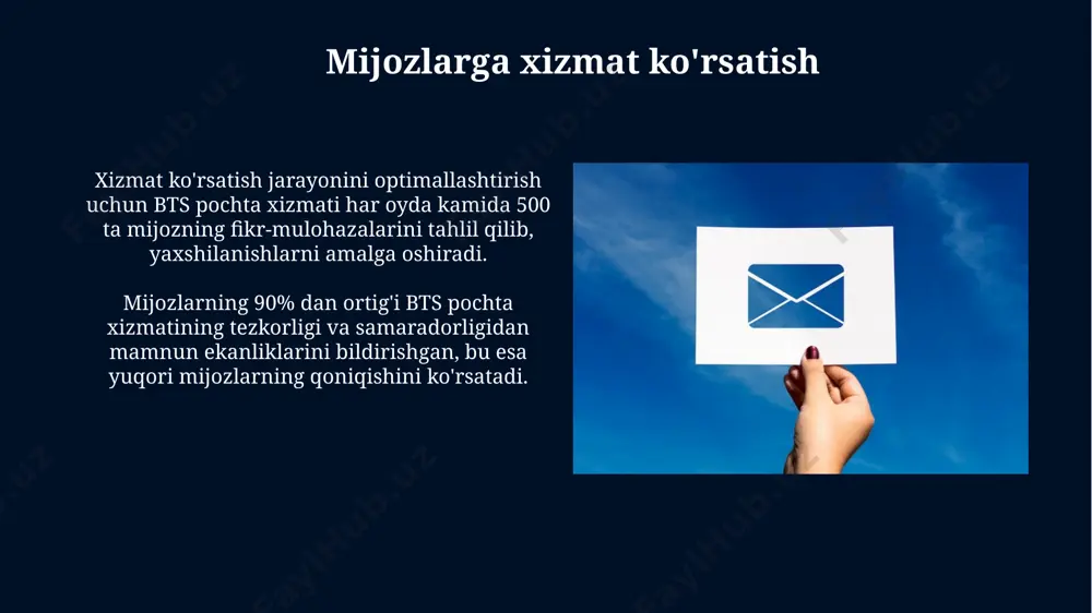 rakatini kuzatib borish imkonini beradi, bu esa buyurtmalarni yo‘qotish xavfini kamaytiradi. narxlar va to'lovlar narxlar mijozlarning tanlagan xizmatlariga va yetkazib berish turining murakkabligiga qarab, 1000 so'mdan 5000 so'mgacha o'zgarib turadi, qo'shimcha xarajatlar alohida hisoblanadi. yetkazib berish xarajatlari buyurtma qiymatiga va manzilning masofasi hisobga olingan holda, o'rtacha 500 so'mdan 2000 so'mgacha bo'ladi, tezkor yetkazib berish xizmati uchun qo'shimcha to'lovlar qo'llaniladi. texnik qo'llab-quvvatlash qo'llab-quvvatlash xizmati 1000 dan ortiq muammoni hal qilish bo'yicha tajribaga ega bo'lib, 95% foiz muammolar 24 soat ichida hal etiladi. "texnik qo'llab-quvvatlash" bo'limi 5 ta malakali mutaxassisdan iborat bo'lib, ular har kuni o'rtacha 50 ta murojaatni qabul qilib, samarali yechimlarni taklif qiladi. yangilanishlar va yangiliklar yangilanishlar, xavfsizlik protokollari va ma’lumotlarni himoya qilish tizimlarini yaxshilashga, shu jumladan 256-bit aes shifrlashni qo'llashga qaratilgan. bts mail’ning yangilanishlari har oyda o'rtacha 3-5 ta yangi xususiyatlarni o'z ichiga oladi, bu esa foydalanuvchilarga yanada qulayroq va samaraliroq bo'lish imkonini beradi. pochta qutisi tizimi har bir …