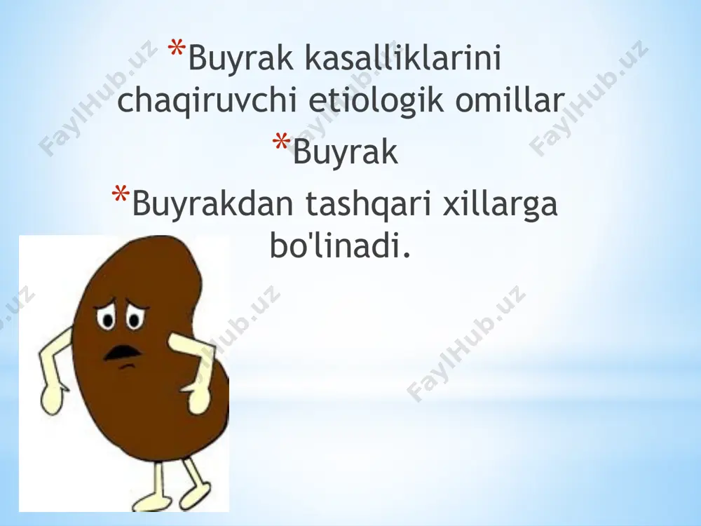 ergik autoimmun yallig'lanish kasalligi hisoblanadi. uning asosiy klinik tiplari o'tkir, surunkali va juda tez progressirlanuvchi glomerulonefritlardir. dg etiologiyasida infeksiya, toksik moddalar, immun mexanizmlarning ishga tushishiga olib keladigan ayrim ekzogen allergenlar asosiy rol o'ynaydi. ma'lum bo'lgan etiologik omillaming rolini o'tkir dg 80-90% kasallarda, surunkali va tez progressirlanuvchi xillari 5-10% kasallarda aniqlash mumkin. qolgan kasallarda dg sababi aniqlanmasdan qoladi. dg rivojlanishida a gemolitik streptokokk (4,12 tiplari) ahamiyatga ega va u spetsifik «nefritogen» shtamm deb hisoblanadi. ko'p hollarda dg bevosita immun mexanizmlar ishtirokida rivojlanadi. streptokokkdan keyingi o'tkir dg bu - angina yoki faringitdan 10 -12 kun so'ng antitanalar hosil bo'lishi bilan bog'liq, ko'pincha shiddatli kechuvchi allergik nefritning rivojlanishidir. surunkali dg esa ko'pincha antigen va antitanalar ushlovchi immunkomplekslarning asta-sekinlik bilan hosil bo'lishi va ularning koptokchalar yuzasiga o'tirishi va yetarli darajada eliminatsiya qilinmasligi bilan bog'liq. tez avj oluvchi dg va ayrim surunkali dg da kasallik koptokchalar bazal membranasiga qarshi antitanalar hosil bo'lishidan iborat immun komplekslar …