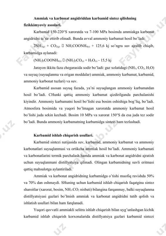 ziyaga uchraydi. shuning uchun gazlarni selektiv absorbentlar bilan ajratib olinadi. absorberda gazlarni karbamid nitrat eritmasi bilan yuvish natijasida ammiakni tutib qolinadi. gazlar aralashmasi tarkibida qolgan co2 tsiklga qaytariladi. absorbatni desorberda regeneratsiya qilinganda ammiak ajralib chiqadi va tsiklga qaytariladi. absorbent sifatida monoetanolamin nh2ch2ch2oh ishlatilganda esa, distillyatsiya gazi tarkibidagi co2 tutib qolinadi, ammiakni esa suyuqlantirilib tsiklga qaytariladi. absorberdan chiqayotgan absorbatni qizdirish natijasida co2 ajratib olinadi va tsiklga qaytariladi. regenerat esa yana absorberga qaytariladi. suyuqlik retsiklli jarayonlar amalda ko’proq tarqalgandir. bunda distillyatsiya gazlari suvga yuttirilib, hosil bo’lgan ammoniy karbonat tuzlarining kontsentrlangan eritmasi karbamid sinteziga qaytariladi. eng takomillashgan usulda suyuqlanma distillyatsiyasi, ya’ni ammoniy karbamatning parchalanishi va ammiakni xaydash sintez bosimi nh3 yoki co2 oqimi bosim ostida amalga oshiriladi. to’la suyuqlik retsiklida karbamid sintezi suyuqlanmani ikki bosqichli distillyatsiyasi va suyuqlik retsiklli karbamid sintezi texnologik sxemasining variantlaridan birini qo’rib chiqamiz (5 — rasm). mexanik qo’shimchalar, vodorod sulьfid, oltingugurtli organik birikmalardan tozalangan va quritilgan gaz xolatidagi karbonat …