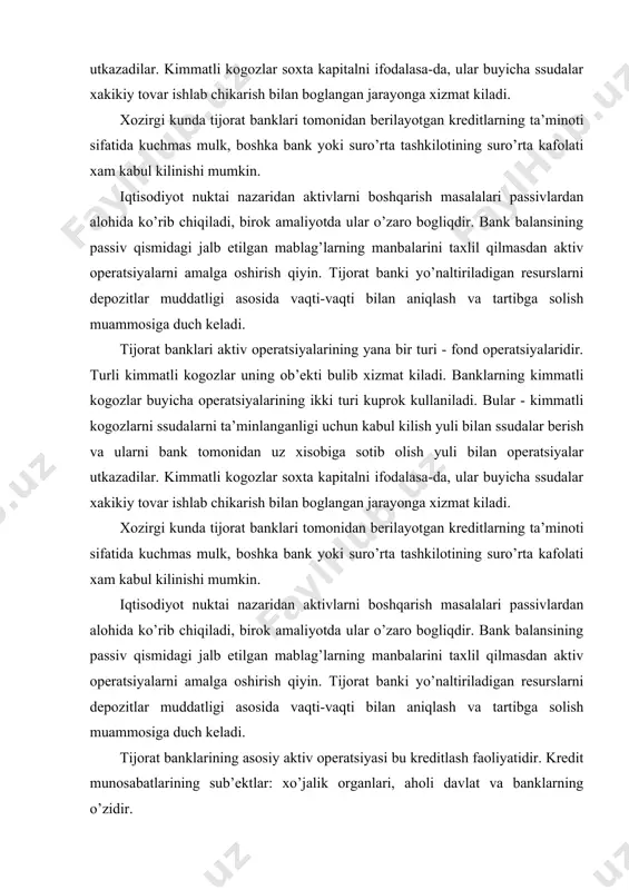 k toifasiga kiradi. bu tijorat kreditlari kapitalning muayyan summasi bilan tulik ta’minlangan bulishi kerakligini anglatadi. riskni xisobga olgan xoldagi aktivlar xar bir aktiv balans summasining unga tegishli tavakkalchilik mikdoriga kupaytirish va risk buyicha aniklangan aktivlar yigindisi orkali topiladi. kuyida bank aktivlari toifalarining ta’rifi keltirilgan. 1. tavakkalchilikdan xolis bulgan aktivlar (risk koeffitsenti - 0%) kuyidagilarni uz ichiga oladi: • bankda va uning filiallarida nakd pul kurinishida saklanayotgan milliy va chet el valyutasi (jumladan, yildagi nakd pullar va bank omborlarida yoki markaziy bank omborlarida saklanayotgan oltin kuyilmalar); •markaziy bank va uning xududiy, boshkarmalarida vakillik va zaxira xisob rakamlaridagi mablaglar; • xukumat va uzbekiston respublikasi markaziy bankiga tugridan-tugri talablar va bu emitentlar tomonidan chikarilgan kimmatli kogozlar; · iktisodiy xamkorlik va tarakkiyot tashkiloti (ixtt) ga kiruvchi mamlakatlar xukumatlari va markaziy banklariga kuyiladigan boshka talablar; · aktivlar yoki ularning uzbekiston respublikasi va ixttga kiruvchi mamlakatlar milliy valyutalariga denominatsiya kilinib, nakd pul bilan ta’minlangan xamda bankda …