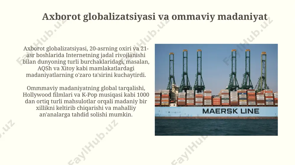 a, masalan, iqlim o'zgarishiga (20 dan ortiq kompaniyalar global emissiyalarning 35% dan ko'prog'iga javobgar) hissa qo'shishi va ularning hal etilishida muhim rol o'ynashi mumkin. globalizatsiyaning falsafiy asoslari жаҳонлашувнинг этикавий оқибатлари, хусусан, бойликнинг нотенг тақсимланиши ва 2008 йилги молиявий инқироз каби ҳодисалар европа ва ақш каби давлатларда 10 йилдан ортиқ вақт давомида философлар томонидан кенг муҳокама қилинмоқда. жаҳонлашувнинг 3 та асосий философий оқими – либерал, реалист ва марксист ёндашувлари глобал муаммоларни ҳал этишда 21-асрда ҳар хил стратегияларни таклиф этади, масалан, миллий суверенитет ва халқаро ҳамкорлик масаласида. e'tiboringiz uchun rahmat @taqdimot_robot image2.jpg image3.jpg image4.jpg image5.jpg image6.jpg image7.jpg image8.jpg image9.jpg image10.jpg image11.jpg image12.jpg image13.jpg image14.jpg image15.jpg