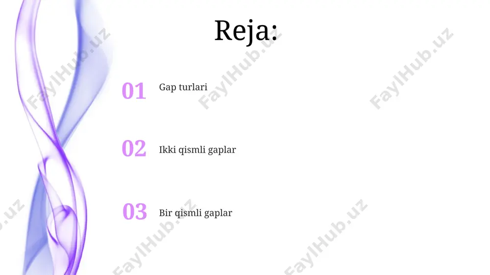 1-shaxs yoki 2-shaxsda emas, balki 3-shaxsda ifodalaydi, bu esa gapning mazmunini aniq ko‘rsatadi. masalan: yomg’ir yog’adi. ikkita qismli gaplarning ta'rifi ikkita qismli gaplarning tuzilishiga qarab, ularning 2 ta asosiy turi mavjud: tartibli va teskari tuzilishli gaplar. tartibli gaplarda ega kesimdan oldin keladi, teskari gaplarda esa kesim ega’dan oldin keladi. misol uchun, "qushlar uchdi" va "uchdi qushlar". ikkita qismli gaplar ikki asosiy qismdan: kesim va ega’dan tashkil topgan bo‘lib, ular orasida bog‘lovchi so‘zlar yoki tinish belgilar qo‘llanishi mumkin. masalan, "quyosh botdi" gapida "quyosh" - ega, "botdi" - kesim. gap a'zolari va ularning vazifalari bogʻlovchi gap aʼzolari (ittifoklar, bogʻlovchi soʻzlar) ikki yoki undan ortiq sodda jumlani murakkab jumlaga birlashtiradi, ularning turi va vazifasi jumlaning tuzilishiga bogʻliq. qoʻshimcha gap aʼzolari (aniqlovchi, toʻldiruvchi, hol) asosiy aʼzolarga qoʻshimcha maʼlumot qoʻshadi va jumlaning mazmunini boyitadi, ularning soni 1 dan 5 tagacha boʻlishi mumkin. ikkita qismli gaplarning turlari ikkita qismli gaplarning murakkab tuzilmalarini tasvirlashda, 2 dan ortiq …