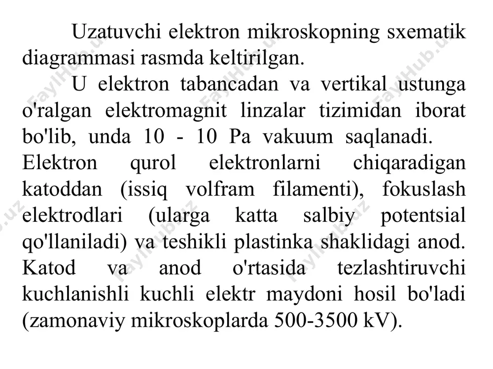 - ob'ektiv linzalar , 11 - rentgen detektor, 12 - o'rganilayotgan namuna, 13 - ikkilamchi elektron detektor, 14- kuchaytirgich, 15 – elektron-nurli trubka, 16 - supurish generatori, 17 - kattalashtirishni boshqarish rem usulining kamchiliklari faqat o'tkazuvchan materiallarni o'rganish imkoniyatidir. izolyatorlarni o'rganish uchun odatda ularning yuzasida uglerod kabi elektr o'tkazuvchan moddalarning yupqa plyonkasi yotqiziladi. bunday ob'ektlarni o'rganish uchun remni moslashtirishning boshqa usullari mavjud.skanerli elektron mikroskopning sxematik diagrammasi shaklda ko'rsatilgan. katod tomonidan chiqarilgan elektronlar tezlashadi va diafragma, linzalar, stigmatlar tizimi yordamida elektron nurga (zond) hosil bo'ladi. generatorga ulangan burilish bobinlari namuna yuzasining o'rganilayotgan maydoni bo'ylab elektron zondni skanerlashni (katod-nurli trubka bilan sinxron) ta'minlaydi. skanerli zond mikroskopiyasi ushbu guruhning barcha usullarining asosiy g'oyasi zonddan foydalanish - o'rganilayotgan material yuzasidan ma'lumotni o'qish uchun qurilma. ko'pgina hollarda probning ishchi organi sifatida uchi radiusi taxminan 10 nm bo'lgan igna ishlatiladi. yuqori aniqlikdagi joylashishni aniqlash (skanerlash) mexanizmidan foydalanib, prob uchta koordinata bo'ylab namuna yuzasi bo'ylab harakatlanadi. qoida …