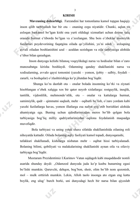 iruv malakaviy ishining vazifalari. 1. o’zbek xalqi etnopsixologiyasining o’ziga xos tomonlarini o’rganish, tahlil etish. 2. o’rta osiyo mutafakkirlarining axloq, odob va oila haqidagi qarashlarining ahamiyatini o’rganish, aniqlash. 3. oilada bola tarbiyasining psixologik – pedagogik tomonlarini tahlil qilish. 4. o’zbek oilasining tuzilishi va shaxslararo munosabatlar jarayonini o’rganish. 5. bolalarda axloqiy va madaniy malakalarni shakllantirishda oilaning o’rnini, rolini aniqlash. bitiruv malakaviy ishini tayyorlashda quyidagi metodlardan foydalanildi. kuzatish, suhbat, faoliyat maxsullarini tahlil etish. bitiruv malakaviy ishining yangiligi. oilada bola tarbiyasining ijtimoiy psixologik xususiyatlarining o’rganilishini tahlil etib, ma’lum bir tizimga keltirildi. bitiruv malakaviy ishining ahamiyati. bitiruv malakaviy ishi etnopsixoligfiya, pedagogik psixologiya fanlari sohasida nazariy bilimlarni boyitadi va talabalarga, ta’lim – tarbiyachilarga amaliy jihatdan yordam ko’rsatadi. bitiruv malakaviy ishining tuzilishi. bitiruv malakaviy ish kirish, ikki bob besh paragraph, umumiy xulosalar, foydalanilgan adabiyotlar ro’yxatidan iborat. i bob. oilaning milliy xususiyatlari 1.1. o’zbek xalqining etnopsixologik xususiyatlari. har bir millat o’ziga xosligi, milliy madaniyati, milliy adabiyoti, milliy tili …