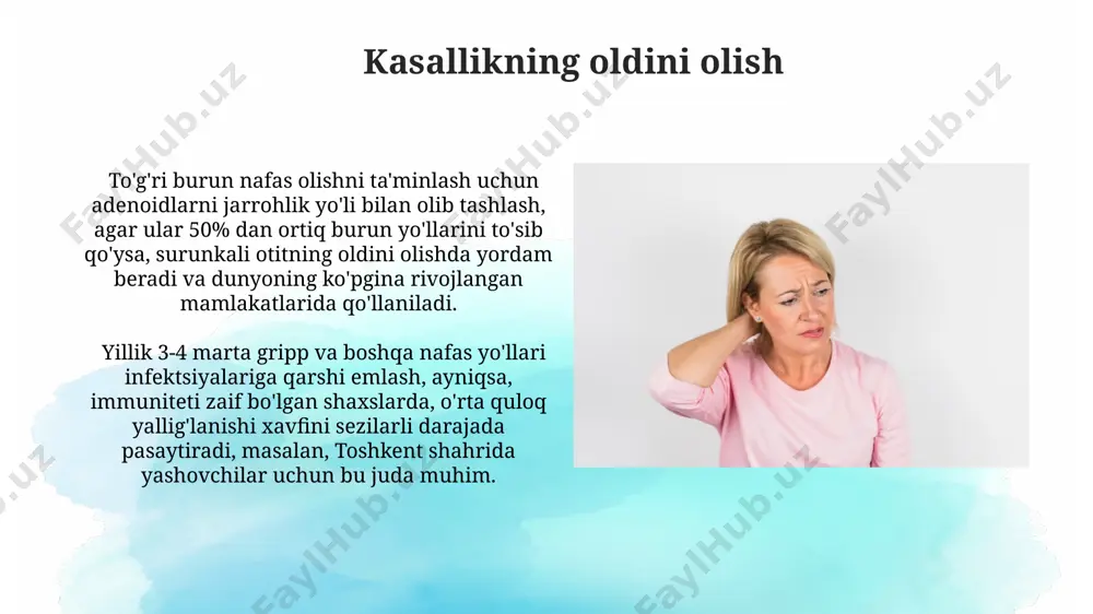 li otit – bu o'rta quloqning ikkala tomonida ham 3 oy va undan ko'proq davom etadigan yiringli yallig'lanish jarayonining mavjudligini bildiradi, bu esa eshitish qobiliyatining pasayishiga olib kelishi mumkin, masalan, toshkent shahridagi bemorlarda tez-tez uchraydi. e'tiboringiz uchun rahmat @taqdimot_robot image2.jpg image3.jpg image4.jpg image5.jpg image6.jpg image7.jpg image8.jpg image9.jpg image10.jpg image11.jpg image12.jpg image13.jpg image14.jpg image15.jpg image16.jpg image17.jpg image18.jpg image1.png