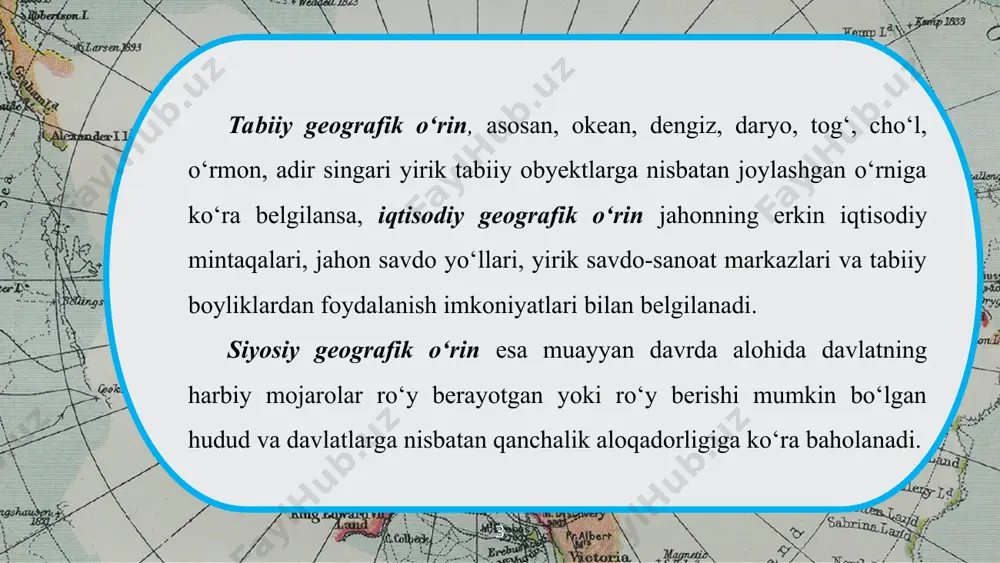 mda g‘arbdan turkiya, sharqdan xitoy va boshqa davlatlar bilan bog‘lovchi quruqlik va havo yo‘llari ochilib, o‘zbekiston iqtisodiy geografik o‘rnini yaxshilab oldi. ayniqsa, o‘zbekistonning «bir makon, bir yo‘l» loyihasida ishtirok etishi natijasida qadimiy ipak yo‘li ruhiyatini qayta tiklash, mintaqaviy iqtisodiy hamkorlikni rivojlantirish, mamlakatlarning transport infratuzilmasini birlashtirish imkoniyati kuchaydi. * ba’zan qo‘shni davlatlar hududidagi ayrim imkoniyatlar ham mamlakat iqtisodiy geografik o‘rniga ta’sir ko‘rsatishi mumkin. masalan, turkmaniston bilan eronni bog‘lovchi temiryo‘l qurilgach, undan o‘zbekiston tashqi aloqalarda foydalana boshladi. demak, har qanday hududning iqtisodiy geografik o‘rnini baholashda uning yirik transport tugunlariga, shu jumladan, dengiz yo‘llariga nisbatan qanday joylashganligi e’tiborga olinar ekan. shu jihatdan o‘zbekistonning iqtisodiy geografik o‘rni tobora qulaylashib bormoqda. * 1-rasm. o‘zbekistonning makrogeografik o‘rni. * iqtisodiy va ijtimoiy hayotda davlatning siyosiy geografik o‘rni ham muhum omil sanaladi. o‘zbekiston suverenitetini jahon hamjamiyati e’tirof etib, u bilan 130 dan ortiq davlat diplomatik aloqalar o‘rnatgan, ko‘pchiligi elchixonalar ochgan. o‘z navbatida ko‘plab davlatlarda o‘zbekiston elchixonalari faoliyat ko‘rsatmoqda. …