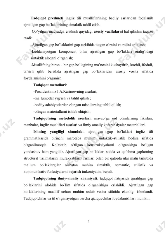 lmiy amaliy koferensiyalar materiallari. ishning yangiligi shundaki, ajratilgan gap bo’laklari ingliz tili grammatikasida birinchi marotaba muhim sintaktik–stilistik hodisa sifatida o’rganilmoqda. ko’rsatib o’tilgan konstruksiyalarni o’rganishga bo’lgan yondashuv ham yangidir. ajratilgan gap bo’laklari sodda va qo’shma gaplarning structural tizilmalarini murakkablashtirishlari bilan bir qatorda ular matn tarkibida ma’lum bo’laklargilar nisbatan muhim sintaktik, semantic, stilistik va kommunikativ funksiyalarni bajarish imkoniyatini beradi. tadqiqotning ilmiy-amaliy ahamiyati: tadqiqot natijasida ajratilgan gap bo`laklarini alohida bo`lim sifatida o`rganishiga erishildi. ajratilgan gap bo`laklarining muallif uchun muhim uslub vosita sifatida ekanligi isbotlandi. tadqiqotchilar va til o`rganayotgan barcha qiziquvchilar foydalanishlari mumkin. ushbu ishning materiali bo’lib, amerika va ingliz mualliflarining badiiy asaridan alohida tanlash metodi orqali tanlangan 1000 dan ortiq misollar xizmat qiladi. bitiruv malakaviy ishim kirish, 2bob, xulosa va foydalanilgan adabiyotlar ro’yxatidan iborat. ajratish hodisasi tufayli yuzaga kelgan ajratilgan gap bo’laklari ham xuddi boshqa sintaktik – stilistik hodisalar kabi o’z tarixiga ega. tilshunos olimlardan akademik g’.abdurahmonov o’zbek tilida ajratilgan gap bo’laklarining xususiyatlarini …