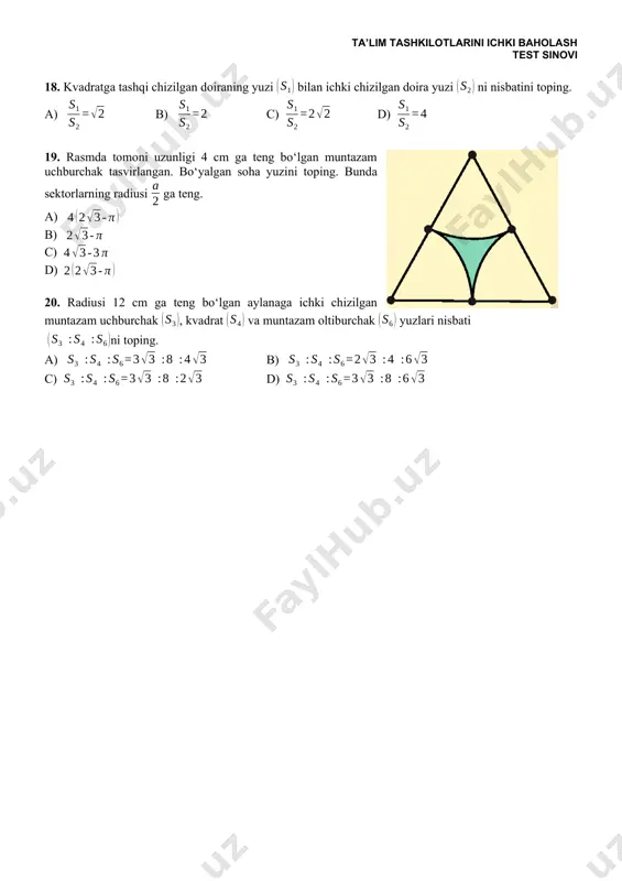 marta ko’p? ma=27, mo=197. a)1.5 b)2 c)2.5 d)5 1. 9g suvdagi molekulalar sonini toping.m=18, na = 6*1023 mol -1 a)12*1023 b)3*1023 c) 3.24*1024 d)6*1023 11. molekular deb nimaga aytiladi? a) moddaning kimyoviy xossalarinio o’zida saqlab qoluvchi shu moddaning eng kichik zarrasi b) moddaning issiqlik holatini miqdor jihatidan aniqlaydigan fizik kattalikdir c) moddaning ichki energiyasi d) kimyoviy parchalanish reaksiyasi 12. temperatura deb nimaga aytiladi? a) moddaning ichki energiyasi b) moddaning kimyoviy xossalarinio o’zida saqlab qoluvchi shu moddaning eng kichik zarrasi c) moddaning issiqlik holatini miqdor jihatidan aniqlaydigan fizik kattalikdir d) kimyoviy parchalanish reaksiyasi 13. termodinamik nuqtayi nazardan ………………… moddaning ichki holatiga bog’liq bo’lib, temperatura va hajm orqali aniqlanadi. a) temperatura b) gaz c) moddaning ichki energiyasi d) ichki energiya 14. modda ichki energiyasini issiqlik berish yoki olish orqali o’zgartirish jarayoni ……...… deyiladi. a) moddaning issiqlik holatini miqdor jihatidan aniqlaydigan fizik kattalikdir b) issiqlik uzatish c) moddaning ichki energiyasi d) kimyoviy parchalanish …