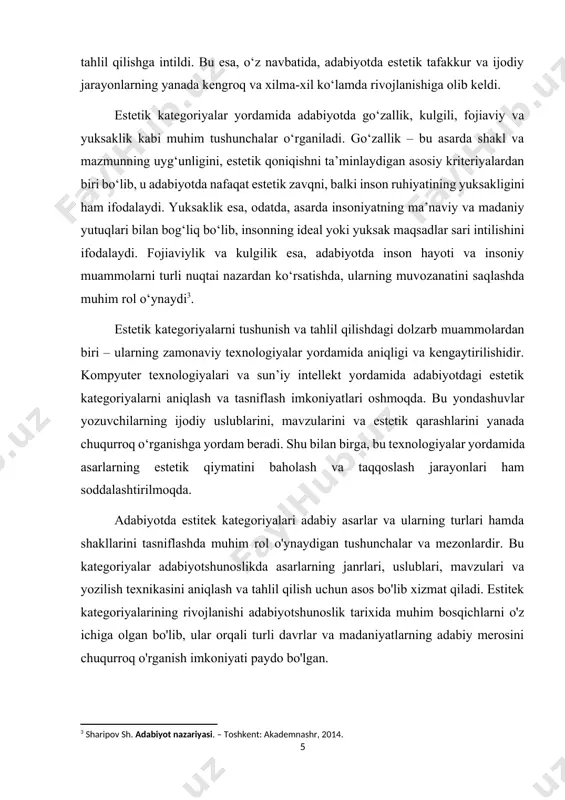 zm, modernizm) va tematik kategoriyalar (muhabbat, urush, ijtimoiy muammolar) ajratiladi. ular adabiyotshunoslikda asarlarni tahlil qilishda muhim vosita bo'lib, yozuvchilarning ijodiy qirralarini va madaniyatlararo bog'liqliklarni o'rganishga yordam beradi. hozirgi kunda, estitek kategoriyalarining aniqligi va kengaytirilishi yuzasidan muhokamalar davom etmoqda. ba'zi olimlar texnologiyalar yordamida, xususan, kompyuter yordamida taqdim etilgan metodlar bilan kategoriyalarning aniqligini oshirishga intilmoqda, bu esa adabiyotda yangi tahlil usullari va yondashuvlarni rivojlantirish imkonini beradi.[footnoteref:4] [4: jo‘rayev m. adabiy-estetik tafakkur rivoji. – toshkent: ma’naviyat, 2013.] xulosa qilib aytganda, adabiyotda estitek kategoriyalari asarlarni va janrlarni tahlil qilishda muhim vosita bo'lib, ular adabiyotshunoslikni rivojlantirish va madaniyatlarni o'rganishda muhim ahamiyat kasb etadi. bu kategoriyalar yordamida turli davr va madaniyatlarning adabiy yodgorliklarini chuqurroq tushunish va tahlil qilish mumkin bo'ladi. xulosa qilib aytganda, estetik tushunchasi va uning adabiyotdagi o‘rni nafaqat ijodiy jarayonlarni tushunishda, balki adabiyotshunoslik ilm-fanining rivojlanishida ham asosiy o‘rin tutadi. estetik kategoriyalar yordamida asarlarning go‘zalligi, yuksakligi va muhim muammolari yanada chuqurroq o‘rganiladi. bu esa, o‘z …