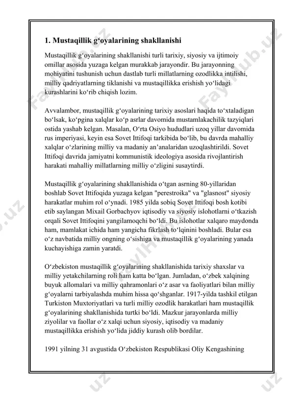 iston oʻzining mustaqil davlat sifatida shakllanishiga intilishni boshladi. mustaqillik harakati ikkita asosiy yoʻnalishda rivojlandi: madaniy va siyosiy. 1989-yilda islom karimov oʻzbekiston kommunistik partiyasi birinchi kotibi etib saylandi. shu yilning oʻzida oʻzbekiston ssrda oʻzbek tiliga davlat tili maqomi berildi, bu esa milliy oʻzlikni mustahkamlash yoʻlidagi muhim qadam edi. 1990-yil 20-iyunda oʻzbekiston ssr oliy soveti mustaqillik deklaratsiyasini qabul qildi, bu esa oʻzbekistonning suveren davlat sifatida qadam qoʻyganini bildiradigan huquqiy asos hisoblanadi. 1991-yil 31-avgustda oʻzbekiston o‘zining davlat mustaqilligini e'lon qildi. shu yilning 1-sentabrida mustaqillikning birinchi kuni milliy bayram sifatida nishonlanadigan qilib belgilandi. 1991-yil 29-dekabrda oʻzbekistonda o'zbekiston respublikasining birinchi prezidenti saylovi o'tkazildi va islom karimov prezident etib saylandi. shu tariqa, oʻzbekiston rasmiy ravishda mustaqil davlat sifatida tan olindi. mustaqillik eʼlon qilingan kundan boshlab, o'zbekiston o'z iqtisodiyotini modernizatsiya qilish va xalqaro hamjamiyat bilan integratsion aloqalarni rivojlantirish yoʻlini tanladi. shu maqsadda 1992-yil 2-martda o'zbekiston birlashgan millatlar tashkiloti (bmt)ga a'zo bo'ldi. keyinchalik o'zbekiston boshqa ko'plab xalqaro tashkilotlarga …