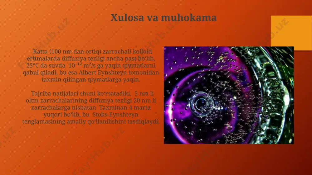 ini aniqlash, 5-10 nm o'lchamdagi nanozarrachalarni ishlab chiqarish va farmatsevtika sanoatida, masalan, hindistonning mumbay shahridagi dorilarni ishlab chiqarishda muhim ahamiyatga ega. kelajakdagi tadqiqotlar yo'nalishlari kolloid eritmalardagi 50-100 nm oralig'idagi turli shakl va geometriyali zarrachalarning diffuziya xususiyatlarini, masalan, sferik va silindrsimon zarrachalarni, matematik modellashtirish orqali batafsil o'rganish va natijalarni aqshning kaliforniya texnologiya instituti ma'lumotlari bilan solishtirish muhimdir. kelajakdagi tadqiqotlar, 10 nm dan kichik zarrachalar hajmidagi kolloid eritmalarning diffuziya tezligini aniq o'lchash usullarini ishlab chiqishga qaratilishi kerak, bu esa singapur milliy universitetida olib borilgan tadqiqotlarga asos bo'lishi mumkin. e'tiboringiz uchun rahmat @taqdimot_robot image3.png image4.jpg image5.jpg image6.jpg image7.jpg image8.jpg image9.jpg image10.jpg image11.jpg image12.jpg image1.png