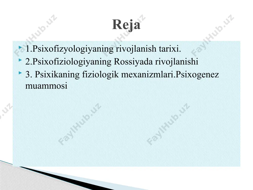 ro ta'sirni amalga oshirishda kimyoviy (neyrotransmitter va neyromodulyator) omillarning roli; * tashqi va ichki muhitning ta'sir qiluvchi omillari asab tizimida axborotni kodlash va uzatish mexanizmlarini dekodlash haqida; * asab tizimining funktsional tashkil etish tamoyillarini, uning o'ziga xos va o'ziga xos bo'lmagan mexanizmlarini,dominant mexanizmlarini, umumiy yakuniy yo'lni belgilash. miya faoliyatida integratsiya, biologik geribildirim, miyaning funktsional assimetriyasi; *hujayra tizimida murakkablikning turli darajadagi assotsiativ faoliyatini tushunish, unga ta’sir ko’rsatishdan boshlab, miyaning aks ettiruvchi funktsiyasiga asoslangan yevristik darajagacha bo'lishi mumkin bo'lgan imkoniyatlarga erishish; * filogenez va ontogenezda aqliy funktsiyalarni shakllantirish, psixikaning genotipik va fenotipik tarkibiy qismlarini aniqlash juda samarali bo'ldi. "psixologiya" atamasi va keyinchalik" psixofizyologiya" xviii asrning birinchi yarmida, nemis faylasufi xristian volf (1679-1754) 1732-1734 yillarda "ratsional psixologiya" va "empirik psixologiya"kitoblarini nashr ettirishi bilan paydo bo'ldi. bunda psixikaning, qalbning va uning soma bilan aloqasi haqidagi g'oyalarni ilgari surgan edi. shuni ta'kidlash kerakki, psixologiya sohasi sifatida psixofizyologiyaning jadal rivojlanishi va shakllanishi xix asrning o'rtalariga to'g'ri …