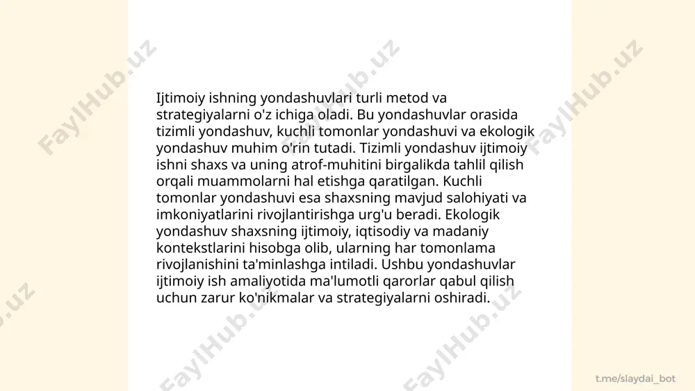 ogik ishlar yoshlarning jamiyatdagi rolini rivojlantirish va ularning ijtimoiy faolligini oshirishga qaratilgan. statistik ma'lumotlarga ko'ra, o'zbekistonda yoshlardan 60% ortiq ijtimoiy loyihalarda faol ishtirok etadi. pedagogik faoliyat esa yoshlarning taxminan 75% ni turli o'quv va tarbiya markazlariga jalb qilgan. yoshlarning bandligi masalalari ham muhim, chunki ularning 30% ish bilan ta'minlanmagan. 2022-yilda o'zbekiston bo'ylab 500 dan ortiq ijtimoiy markazlar tashkil etilgan bo'lib, bu markazlarda har yili 100 mingdan ziyod yoshlar o'z salohiyatini oshiradi. shuningdek, davlat tomonidan ajratilgan mablag'lar 20% ga oshirilib, yoshlar bilan ishlovchi pedagoglarning soni ko'paytirilmoqda. ... t.me/slaydai_bot maxsus ehtiyojli bolalar bilan ijtimoiy ishlar amalga oshirilganda, ularning jismoniy, psixologik va ta'lim ehtiyojlarini qondirish juda muhimdir. o'zbekistonda maxsus maktab va markazlar soni 60 dan ortiq bo'lib, ular minglab bolalarga yordam beradi. har yili taxminan 10,000 dan ortiq bola maxsus ta'lim va yordam olish imkoniyatiga ega bo'ladi. ijtimoiy xizmat ko'rsatuvchilar va volontyorlar soni 500 dan ortiq, ular bolalarning farovonligi uchun xizmat qiladilar. ushbu …