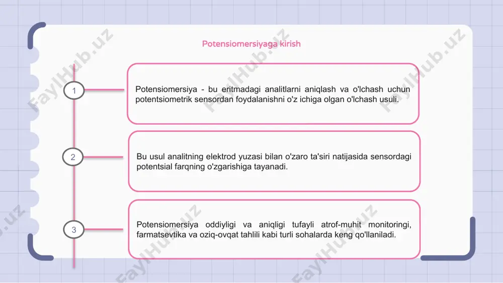 potensiomersiya - bu eritmadagi ionlarning kontsentratsiyasini aniqlash uchun turli amaliy tadqiqotlarda qo'llaniladigan kuchli analitik usul. ushbu usuldan foydalangan holda, tadqiqotchilar ion kontsentratsiyasini aniq o'lchashlari va murakkab tizimlardagi kimyoviy o'zaro ta'sirlarni tahlil qilishlari mumkin. potensiomersiyadan foydalanish analitik kimyo sohasida inqilob qildi va ko'plab ilmiy qo'llanmalar uchun qimmatli tushunchalar berdi. potensiomersiya tadqiqotida xulosa va kelajak yo'nalishlari xulosa qilib aytganda, potensiomersiya elektrokimyoviy xususiyatlarni tushunishda keyingi tadqiqotlar uchun istiqbolli yo'lni taklif qiladi. ushbu uslub turli xil ilovalarda, jumladan biosensing va atrof-muhit monitoringida potentsialni ko'rsatdi. oldinga qarab, potensiomersiya tadqiqotining kelajakdagi yo'nalishlari sensorlarning sezgirligi va selektivligini oshirishga qaratilishi mumkin. yangi materiallar va optimallashtirish usullarini o'rganish yaxshilangan ishlash va kengaytirilgan imkoniyatlarga olib kelishi mumkin. umuman olganda, potensiomersiya tadqiqotlari elektrokimyo sohasini rivojlantirishda muhim ahamiyatga ega. doimiy innovatsiyalar va hamkorlik bilan ushbu texnologiya tahliliy usullarni inqilob qilish va dolzarb ijtimoiy muammolarni hal qilish imkoniyatiga ega. e'tiboringiz uchun rahmat