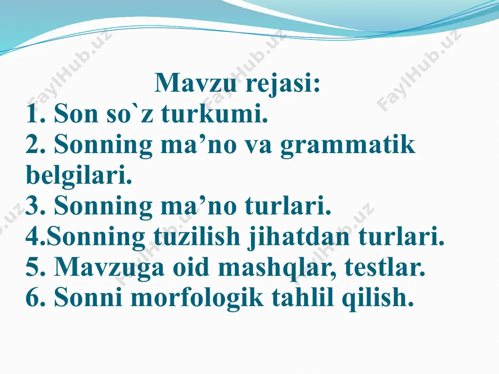 yaxlit bir bo‘lak vazifasini bajaradi. darsga ikki o‘quvchi kelmadi; 4) son va sifat aniqlovchi bo‘lib kelganda oldin son, keyin sifat keladi: uchta chiroyli ko‘ylak; 5) sonlar gapda ko‘pincha aniqlovchi vazifasini bajaradi: sinfimizda 33 ta o‘quvchi bor; 6) sonlar gapda kesim vazifasini bajaradi: o‘nning yarmi – besh yoki maqsadimiz bitta. son otlashganda ega: ikkimiz birga ketdik; to‘ldiruvchi: birni kessang, o‘nni ek; qaratqichli aniqlovchi: uchovimizning fikrimiz bir joydan chiqdi. fe’l oldidan kelgan son hol vazifasini bajaradi: ilmsiz bir yashar, ilmli ming yashar. sonlarda quyidagi xususiyatlar mavjud: 1) omonimlik: yuz (son) – yuz (chehra); uch(son) – uch (harakat); qirq (son) – qirq (harakat); yigirma (son) – yigirma (harakat); 2) sinonimlik: bir-yakka, ikki - juft; 3) paronimlik: yetti-yetdi. sonlarning ma’no turlari sonlar ma’no va grammatik jihatdan dastlab ikki turga bo‘linadi. 1. miqdor son. 2. tartib son. 1. miqdor son shaxs, narsa-buyumlarning yoki ish-harakatning sonini, miqdorini anglatadi: besh bola, uch kitob, bir kes kabi. miqdor …