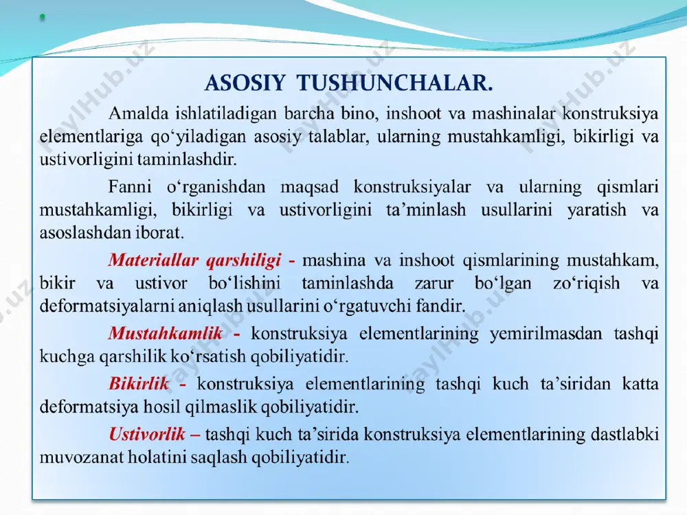 oki plastinka deb ataladi (1.1,e-chizma). konstruksiya elementlari va tuzilmalari qalinligi qolgan boshqa o‘lchamlariga nisbatan juda kichik bo‘lgan egri sirt bilan chegaralangan konstruksiya elementlariga qobiq deb ataladi (1.1, f-chizma). . massivlar guruhi. uchala o‘lchami bir xil tartibda bo‘lgan konstruksiya elementlariga massiv deb ataladi (1.1,g-chizma). ferma deb bir necha sterjenlarni sharnirlar yordamida biriktirishdan hosil bo‘lgan geometrik o‘zgarmas sistemaga aytiladi (1.1,h-chizma). rama deb bir necha sterjenlarni bikir qilib biriktirishdan hosil bo‘lgan sterjenlar sistemasiga aytiladi (1.1,i-chizma). ramalar yuklanganda sterjenlari egilib, ular tutashgan nuqtalaridagi to‘g‘ri burchaklari o‘zgarmaydi. o‘zaro bitta oraliq sharnir vositasida biriktirilgan va asosga ikkita qo‘zg‘almas sharnirli tayanchlar yordamida tiralgan ikki egri brusdan tashkil topgan geometrik o‘zgarmas sistema uch sharnirli arka deb ataladi (1.1,k-chizma). * bino, inshootlar va mashina konstruksiyalari ish va ekspulatatsiya jarayonida turli yuklar ta’siriga qarshilik ko‘rsatadi. bu yuklarni quyidagi guruhlarga bo‘lish mumkin (1.1-jadval). sirtqi va hajmiy yuklar. jismga qo‘shni bo‘lgan ikkinchi jismdan o‘tuvchi kuchlarga sirtqi kuchlar deb ataladi. jismning ichki barcha …