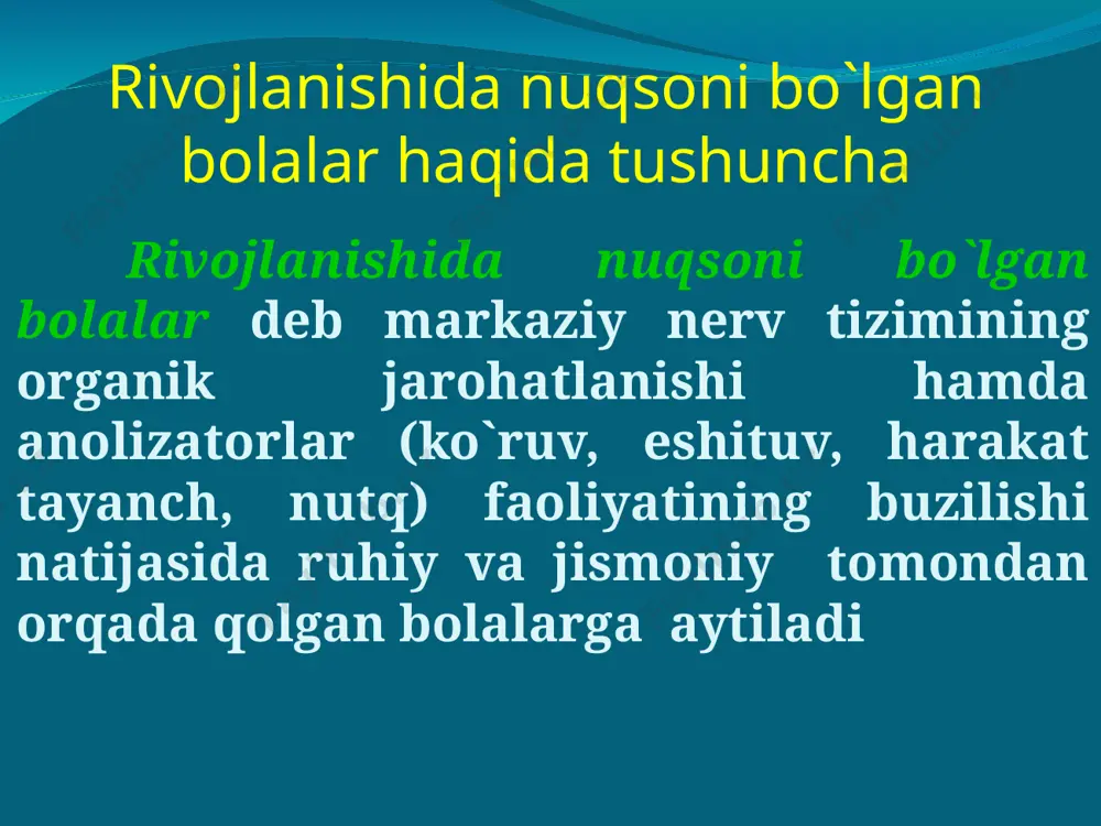 vositasi bo`lib, barmoq harakatlari bilan harflarni ifoda etish tushuniladi. imo-ishora nutqi – eshitishda nuqsoni bo`lgan bolalarning bevosita muloqot quroli sanalib, turli xil imo-ishoralarning muayaan so`zni ifoda etishiga aytiladi.. nutqida nuqsoni bo`lgan bolalar nutq nuqsonlarining tasnifi: ovoz buzilishlari: afoniya, disfoniya, fonesteniya; tovushlar talaffuzidagi buzilishlar: dislaliya, rinolaliya, dizartriya; nutqning temp-ritm ravonligining buzilishlari: bradilaliya, taxilaliya, duduqlanish; sistemali nutq buzilishlari: alaliya, afaziya; yozma nutq buzilishlari: agrafiya, disgrafiya, aleksiya, disleksiya. nutq buzilishlarini bartaraf etish ruhiy rivojlanishi sustlashgan bolalar ruhiy rivojlanishi sustlashgan bolalar tasnifi konstitutsional somatogen psixogen serebral – organik harakat-tayanch apparati jarohatlangan bolalar harakat-tayanch apparati jarohatlangan bolalar turlari bolalar serebral falaji skolioz poliartrit osteomielit poliomielit xondrodistrofiya raxit harakat tayanch apparati jarohatlangan bolalar bilan olib boriladigan korreksion mashg`ulotlar mujassam nuqsonli bolalar mujassam nuqsonli bolalar turlari kar va zaif ko`ruvchi bolalar ko`r, kar va aqli zaif bolalar kar va ruhiy rivojlanishi sustlashgan bolalar. kar va harakat-tayanch apparati jarohatlangan bolalar va hokazo autizm sindromli bolalar autizm sindromi xaqida …