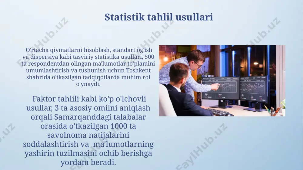 li manbadan olingan ma'lumotlarni birlashtirib, samarqand viloyatida 2021-2024 yillar oralig'ida sug'orish tizimining samaradorligi diagrammasi shaklida ko'rsatilishi mumkin. geografik xarita orqali toshkent shahrida joylashgan 10 ta turli do'konning 2022-yilgi savdo ko'rsatkichlarini solishtirish, foizlarda ifodalash orqali vizualizatsiya qilinadi. o'rtacha qiymatlar va tarqalish ko'rsatkichlari o'rtacha qiymatlar, masalan, 100 ta toshkent shahridagi uy-joy narxlarining o'rtacha qiymati 150,000 aqsh dollari bo'lsa, bu tarqalish ko'rsatkichlari (masalan, standart og'ish) bilan birgalikda butun rasmni ko'rsatadi. andijondagi 20 ta fermer xo'jaliklarining hosil miqdorining o'rtacha qiymati 10 tonna bo'lib, medianasi 9 tonna bo'lsa, bu o'rtacha qiymatning tarqalishini va ehtimol, ayrim xo'jaliklarning yuqori hosil olishini aks ettirishi mumkin. xatoliklar va cheklashlar iqtisodiy ko'rsatkichlarni to'plashda, ma'lumotlarning 10% gacha qismi etishmayotgan bo'lishi mumkin, bu esa, xususan, qoraqalpog'iston respublikasidagi kichik korxonalar uchun xosdir. 2023-yilgi o'zbekiston aholisini ro'yxatga olish ma'lumotlarida, namunaviy xatolik darajasi 2% atrofida bo'lib, bu samarqand viloyati kabi zich aholi punktlarida yuqoriroq bo'lishi mumkin. chastotalar taqsimoti тошкент шаҳридаги 500 та иштирокчидан олинган сўровнома …