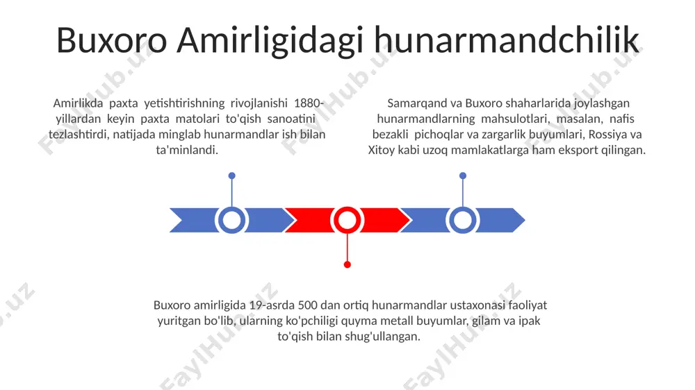 chiligi, ayniqsa, samarqand va buxoro shaharlarida gullash davrini boshdan kechirgan, qo'lyozma kitoblar, zargarlik buyumlari va ipak matolar keng tarqalgan. buxoro amirligidagi ta’lim buxoro amirligida 19-asr oxirida taxminan 200 ga yaqin maktab, asosan diniy yo'nalishdagi madrasalar mavjud bo'lib, ularning ko'pchiligi buxoro, samarqand va termiz kabi yirik shaharlarda joylashgan edi. buxoro amirligidagi ta’lim tizimida qori (qur’onni yod olgan kishi)lar va mulla (diniy bilim beruvchi)lar muhim rol o'ynagan bo'lib, ularning soni minglab kishini tashkil qilgan. amirlik hududida faqatgina arab tilida ta'lim beriladigan maktablar emas, balki fors tilida dars beradigan maktablar ham bo'lib, ularning soni 50 dan oshmagan. buxoro amirligining siyosiy tuzumi feodal tuzumga asoslangan bo'lib, yerlar asosan amir oilasi, amaldorlar va yirik yer egalari qo'lida edi, ularning soni 5000 dan oshiq edi. amirlikda qatag'onlar va zo'ravonliklar keng tarqalgan edi, masalan, 1868 yilda samarqand yaqinidagi qirg'inlarda minglab odamlar halok bo'lgan. bu amirlikning zaif tomonlaridan biri edi. buxoro amirligining siyosiy tuzumida amir mutlaq hokimiyatga ega …