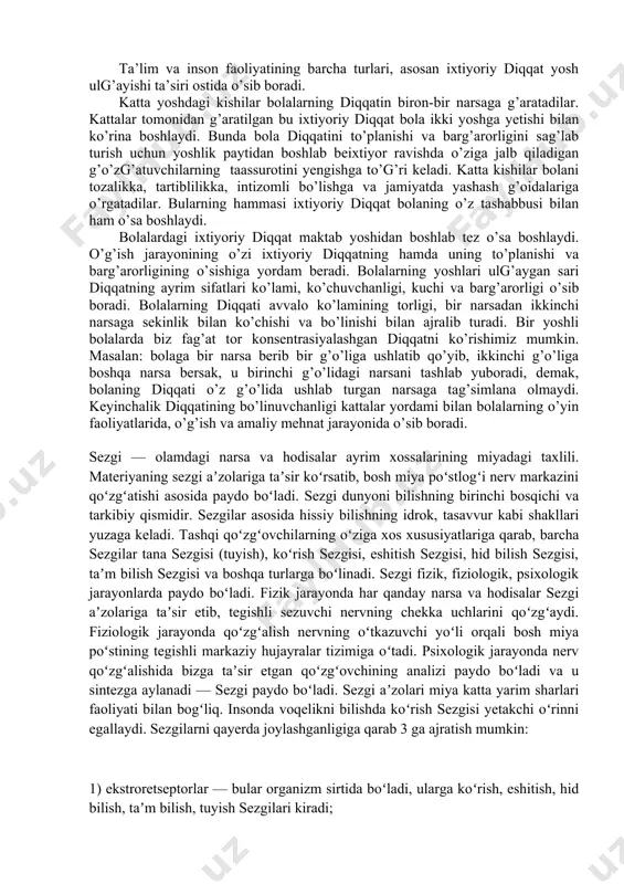 im ahamiyatga ega. bizga doim ta’sir qilib turuvchi yorug’likka g’araganda ma’lum vag’t orasida yonib-o’chib turuvchi yorug’lik diqqatimizni o’ziga tezrog’ jalb qiladi. xuddi shuningdek g’o’xg’atuvchining to’xtashi ham diqqatimizni jalb qiladi. masalan: o’quvchi bir xil shovg’inda dars tayyorlayotgan bo’lsa (ventilyator shovg’inida), shovg’inni payg’amaydi, agar shovg’in to’xtasa u darhol sezadi. ixtiyoriy diqqatni yuzaga keltiruvchi ikkinchi toifa sabablari tashqi g’o’zg’atuvchilarning odamning ichki holatiga va avvalo odamda mavjud bo’lgan ehtiyojlarga mos kelishi kiradi. masalan: g’ornimiz ochida biror mazali hid beixtiyor diqqatimizni o’ziga jalb etadi. agar g’ornimiz to’g’ bo’lsa, bu hidni payg’amasligimiz ham mumkin. bu toifada sabablarga marog’lilik hamda jozibadorlik kiradi. agar o’g’ituvchini gapirayotgan gapi har xil hissiyotlarni tug’diruvchi tasavvurlarni almashtirib tursa, o’quvchilarning diqqatlari susaymaydi. bunday diqqat emosional diqqat deb atashimiz mumkin. ixtiyoriy diqqat ixtiyorsiz diqqatdan shuniig bilan farg’ qiladi-ki, u narsalarga g’abul qilingan g’arorlar ta’siri va ongli suratda ko’zlangan maqsadlarimiz asosida g’aratiladi. agar ixtiyorsiz diqqatda ish bizni o’ziga shunchaki jalb qilib olsa, ixtiyoriy diqqatda biz …