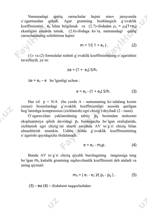 : e = ( / mv (11) bu yerda ( - gruntning yonboshga kengayish (puasson) koeffitsienti ( ga bog`liq bo`lgan o`lchovsiz parametr: (= (1 - 2(2/(1 - () . «(» parametrning qiymatlarini har xil gruntlar uchun quyidagicha qabul qilish mumkin: yirik bo`lakli gruntlar uchun ( = 0,8; qumlar va qumok tuproqlar uchun ( = 0,74; sog` tuproqlar uchun ( = 0,62; gil tuproqlar uchun ( = 0,43. 3. gruntlarning suv o`tkazuvchanligi gruntlarning suv o`tkazuvchanligi ularning tuzilishiga, g`ovaklarining miqdori, o`lchami va shakliga, hamda grunt tarkibidagi suvning turi va holatiga bog`liqdir. suv o`tkazuvchanlikni o`rganishda filtratsiya va migratsiya xodisalarini bir-biridan farqlash lozim. suvning grunt tanasi bo`ylab mexanik ta`sirlar (tashqi bosim yoki o`zining xususiy og`irligi) natijasida harakatlanishiga filtratsiya, fizikaviy-kimyoviy tabiatga ega bo`lgan omillar (elektromolekulyar tortishish kuchlari, osmotik bosim va h.k.) sababli suv molekulalarining siljishiga migratsiya deyiladi. gruntlar mexanikasida asosan filtratsiya hodisasi o`rganiladi. gruntlar o`zlarining tuzilishiga bog`liq holda suvni g`ovaklari (sochiluvchan va gilli gruntlarda) yoki …