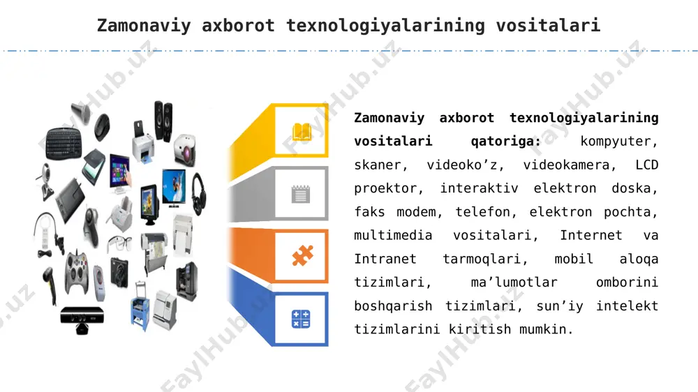 ernet of things (buyumlar interneti) – buyumlar interneti haqida tushuncha buyumlar interneti (inglizcha: internet of things, buyumlar interneti) – bu bir-biri bilan yoki tashqi muhit bilan oʻzaro taʼsir qilish uchun oʻrnatilgan vositalar va texnologiyalar bilan jihozlangan jismoniy obyektlar (“narsalar”) oʻrtasida maʼlumotlarni uzatish tarmogʻi tushunchasidir. buyumlar interneti (buyumlar interneti) sensorlar, ishlov berish qobiliyati, dasturiy ta'minot va boshqa texnologiyalarga ega jismoniy obyektlarni (yoki bunday obyektlar guruhlarini) internet yoki boshqa aloqa tarmoqlari orqali boshqa qurilmalar va tizimlar bilan bog'laydigan va ma'lumotlarni almashinadigan boshqa texnologiyalarni tavsiflaydi. buyumlar interneti noananaviy nom sifatida qabul qilingan, chunki qurilmalar umumiy internetga ulanishi shart emas, ular faqat tarmoqqa ulangan bo'lishi va alohida manzilga ega bo'lishi kerak. internet of things (buyumlar interneti) content here content here content here content here internet of things (buyumlar interneti) buyumlar interneti - bu noyob identifikatorlar bilan ta'minlangan va insondan foydalanishni talab qilmasdan ma'lumotlarni tarmoq orqali uzatish qobiliyatiga ega bo'lgan o'zaro bog'liq hisoblash qurilmalari, mexanik …