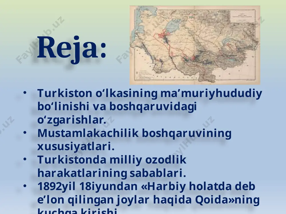 gan general-gubernatorlik devoni katta vakolatlarga ega bo‘lgan asosiy ijrochi organ hisoblangan. turkiston o‘lkasi ma’muriy-hududiy jihatdan viloyatlarga bo‘linib, ularni o‘z qo‘lida fuqarolik va harbiy hokimiyatni birlashtirgan harbiy gubernatorlar boshqargan. 15.02.2023 http://aida.ucoz.ru 7 1867­ yilda «turkiston o‘lkasini boshqarish haqidagi nizom» loyihasi ishlab chiqildi. viloyatlar uyezdlarga bo‘linib, ular harbiy zobitlar boshqaruvida bo‘lgan. uyezdlar uchastkalarga, volostlarga, qishloq va ovullarga bo‘lingan. uchastkalarni uchastka pristavlari boshqargan. 15.02.2023 http://aida.ucoz.ru 8 yuqori organlar nazoratida bo‘lgan mahalliy aholi vakillaridan iborat quyi boshqaruv organlari va soliq tizimi saqlab qolingan. boshqaruv tizimining quyi bosqichida volost boshlig‘i (mingboshi), qishloq oqsoqoli, ovul boshlig‘i, xalq sudyalari (o‘troq aholida qozilar, ko‘chmanchi aholida biylar) va ularning yordamchilari, bosh mirob, mirob, yuzboshi, ellikboshi, o‘nboshi kabi lavozimlarda mahalliy aholi vakillari ish olib borgan. «turkiston o‘lkasini boshqarish haqidagi nizom» loyihasi asosida o‘troq aholi bir bosqichli tizim shaklida, ya’ni oqsoqolliklarga, chorvador aholi esa ikki bosqichli tizim ko‘rinishidagi volost va ovullarga birlashtirilgan. har bir oqsoqollik 100–200 xonadon, ovul 100–200 o‘tov, har …