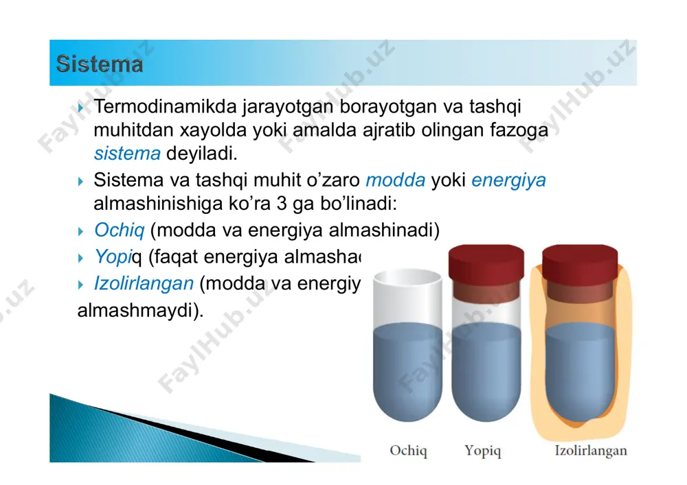 blang. eritma zichligini 1,00 g/ml va eritma uchun cs = 4.18 j/g °c deb qabul qiling.  yechish:  reaksiya entalpiyasi uchun quyidagilar o’rinli: o agar reaksiya tenglamasi biror songa ko’paytirilsa, entalpiya o’zgarishi ham ko’paytiriladi: o agar reaksiya yo’nalishi o’zgarsa, entalpiya o’zgarishi ishorasi o’zgaradi:  standart sharoitda moddalarning hosil bo’lish entalpiayalari o t=298k haroratda o p=1 bar bosimda o cm=1m eritmada olinadi.  odiy moddalarning standart hosil bo’lish entalpiyalari 0 ga teng.  1 mol modda oddiy moddalarning eng termodinamik barqaror holatidan hosil bo’lganda ajraladigan (yutiladigan) issiqlikka moddaning hosil bo’lish entalpiyasi deyiladi.  murakkab moddalarning hosil bo’lish entalpiayalari ilovalarda beriladi.  sistema 2 c(q, olmos)  reaksiya entalpiyasini hisoblashning asosiy usullari quyidagilar: o moddalarning hosil bo’lish entalpialari asosida o moddalarning bog’ entalpiyalari asosida: o moddalarning yonish entalpiyalari asosida:  masala:  quyidagi reaksiya entalpiyasini moddalarning hosil bo’lish entalpiyalariga asoslanib hisoblang. 4nh3(g) + 5o2(g) → 4no(g) + 6h2o(g)  yechish:  …