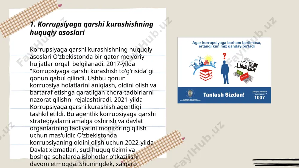 zuvlaridagi nomuvofiqliklarni aniqlaydi. moliyaviy monitoring tizimlari ko'pincha zamonaviy texnologiyalarga asoslanadi. bugungi kunda moliyaviy institutlarning 80% dan ko'prog'i avtomatlashtirilgan monitoring tizimlaridan foydalanmoqda. bu tizimlar 95% nolegal tranzaksiyalarni aniqlashda muvaffaqiyatli bo'lishi mumkin. moliyaviy monitoringning samarali amalga oshirilishi korxonaning operatsion rentabelligini 10% ga oshirishga yordam beradi. xalqaro miqyosda, bank nazorati va auditining bazel qo'mitasining tavsiyalari moliyaviy nazorat tizimlari uchun standartlarni belgilaydi. shu bilan birga, raqamli texnologiyalar joriy etilishi orqali 20% miqyosida moliyaviy monitoringning samaradorligi oshadi. ... t.me/slaydai_bot huquqni muhofaza qilish organlarining islohotlari oʻzbekistonda soʻnggi yillarda jadal olib borilmoqda. 2017-yildan boshlab, sud-huquq tizimini modernizatsiya qilish boʻyicha qator chora-tadbirlar amalga oshirildi. 2021-yilda oʻzbekistonda 30 ga yaqin yangi qonun hujjatlari qabul qilindi, bu esa sud va huquqni muhofaza qilish tizimlarining samaradorligini oshirishga qaratilgan. ayniqsa, ichki ishlar vazirligi tuzilmasida oʻzgarishlar kiritilib, xavfsizlik choralarini yaxshilash uchun 10 mingdan ortiq qoʻshimcha kadrlar jalb qilindi. 2022-yilda jinoyatchilikka qarshi kurashda 15% pasayish kuzatildi. shuningdek, inson huquqlarini himoya qilishda prokuratura organlarining vakolatlari …