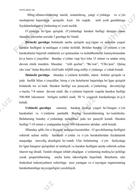 liyatiga bo`lgan barqaror qiziqishini ta`minlaydi va harakat faolligini ancha oshirish uchun sharoit tug`diradi. tanlab olingan ishlab chiqilgan o`yinlarning mutloq ko`pchiligi yurak qisqarishlarining ancha katta takrorligida bajariladi. binobarin, ular funksilnal imkoniyatlarni oshirishga asos yaratgan va o`sayotgan organizmning harakatlanishiga tayyorgarligini yaxshilaydi. jismoniy tarbiya darsi hozircha zarur darajada organizm tizimining funksional takomillashuvi masalasini ham, harakatlanish tayyorgarligi masalasini ham hal eta olmaydi. uning ulushi harakat faolligining haftalik hajmida 1% dan 5% qismini tashkil etadi, uy yumushlarini bajarish bo`yicha ishlar esa kundalik harakat faolligining 10% dan 20% gacha ulushini tashkil etadi. bu yosh guruhdagi o`quvchilar uchun jismoniy tarbiya darsi jismoniy va funksional tayyorgarlikning yaxshilanuvida hal qiluvchi rol o`ynamasligi boisidan harakatlanish faolligi hajmini oshirish uchun jismoniy tarbiya bo`yicha ishlarni tashkil qilishning barcha mustaqil formalaridan. to`garaklarga va sport seksiyalarida o`tkaziladigan mashg`ulotlardan mehnat jarayonlarida qatnashishidan maktabga va maktabdan tashqarida o`tkaziladigan mashg`ulotlarning turli formalaridan (mashg`ulotlargacha bajariladigan gimnastikadan. harakatli o`yinlar o`tkaziladigan tanaffuslardan, turar joyida o`tkaziladigan sport mashg`ulotlaridan va h.k.turistik yurishlardan …