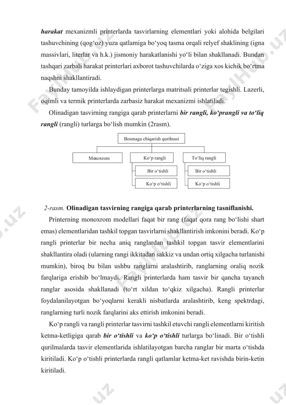 di (3-rasm). printer ichida bo‘yoqli tasma yoki rangli bezak (naqsh yoki shakl) larni tasvirlash uchun bir nechta rangli tasmalar tortilgan. rasmni qog‘ozda aks ettirish uchun ignalar bilan jihozlangan bosmaga chiqarish moslamasi tasma ustidan o‘tadi. ignalarning har biri belgi- bosmaga chiqarish signallaridan tashkil topgan qog‘oz varag‘i matritsa 3-rasm. matritsali printer 4-rasm. matritsali ko‘rinishi. printerning ishlash tamoyili. langan vaqtda tasmaga zarba bilan uriladi va qog‘ozga nuqta bosib chiqariladi. matritsali printerlarning shunday deb nom olishiga sabab ularning bosmaga chiqarish moslamalaridagi ignalar o‘ziga xos matritsani tashkil etadi, ba’zi adabiyotlarda esa bunday qurilmalarni «nuqtali» deb nomlashni ma’qul ko‘radilar. bosmaga chiqarish moslamasida joylashgan ignalar soni bosma sifatini belgilaydi. narxi qimmat bo‘lmagan printerlar 9 ta ignali matritsa bilan jihozlangan, bunda belgilar matritsasi 7×9 yoki 9×9 o‘lchamga ega. zamonaviy matritsali printerlar 18 yoki 24 ignali bosmaga chiqarish moslamasi bilan jihozlangan. matritsali printerlarda bosmaga chiqarish ish tartibi ham turlicha amalga oshiriladi. bosmaga chiqarishning eng tez ishlash tartibi deganda – …