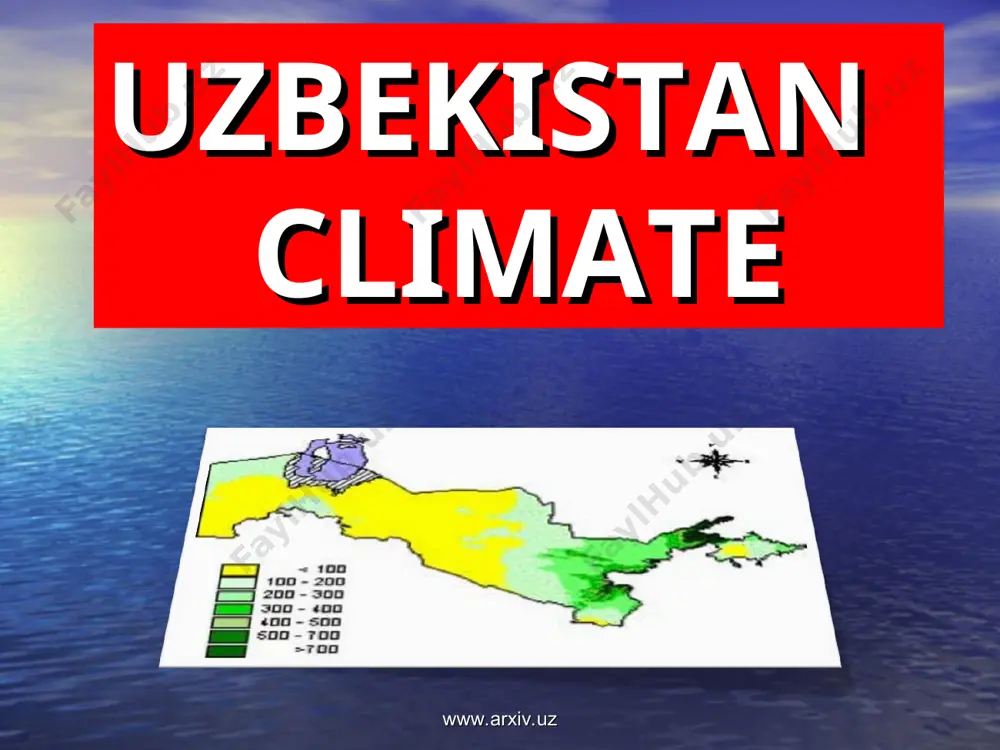 . www.arxiv.uz www.arxiv.uz www.arxiv.uz in the south, the summer starts somewhere in may, and it usually lasts from four to five months. the hottest month is july when the temperature reaches 42-47 degrees celsius. in mountainous areas the summer temperature is about 22-30 degrees celsius. in summer the ground surface temperature could go up to 60 degrees celsius, and in desert areas - up to 70 degrees celsius. www.arxiv.uz the rainfall distribution is quite different. on the plains the annual rainfall is on average 100-200 mm and in mountains it reaches 900 mm. most of the precipitation falls in spring and winter periods. from one to six percent out of the total annual precipitation falls during summer and from 10 to 20 percent -in autumn. www.arxiv.uz www.arxiv.uz the winter starts at the end of october on the usturt plateau, and iatc december - in the south. during this period the …