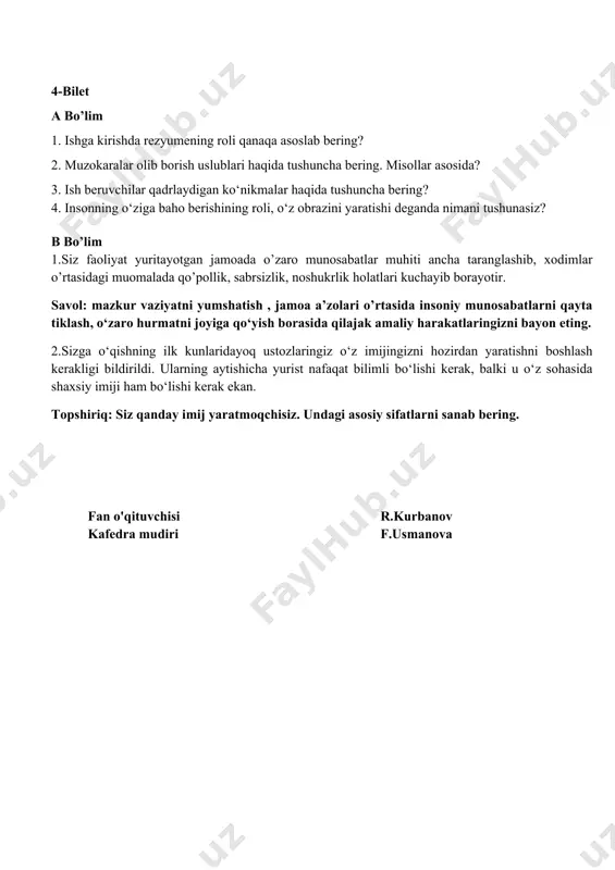 edra mudiri f.usmanova 6-bilet a bo’lim 1. imijning asosiy maqsadi nimadan iborat misol asosida izohlab bering? 2. hozirgi zamonda ish etiketi muvaffaqiyat qozonishga qanday yordam beradi? 3. yuridik maslahatlar berishda qonun hujjatlariga asoslangan holda asoslantirib berish asoslari haqida misol keltirib bering? 4. titsiana kasyaro ularning muloqotga bo‘lgan munosabatini o‘zgartirish va antipatiyani bartaraf qilishda samara berishi mumkin bo‘lgan 4 strategiyani izohlab bering? b bo’lim xususiy tadbirkor i.abdukarimova tuman markazida xorijga chiquvchi fuqarolarga yengillik qilish maqsadida barcha qulayliklarga hamda so‘ngi rusumdagi texnika vositalari bilan xizmat ko‘rsata oladigan xujjatlarni xorijiy tillarga tarjima qilish va apostel belgilarini qo‘yish xizmatlarini tashkil qilgan va ingiliz, nemis va rus tilliharini mukammal biladigan ishchilarni ishga jalb qilgan ammo bu yo‘nalish bo‘yicha ishlar ko‘zlangan darajada amalga oshirilmaganligi sababli mijozlarni murjaatlari belgilangan darajada bo‘lmagan shu bois tadbirkor qo‘shimcha xizmatlarni tashkil etish masalasini yeki tadbirkorlik yo‘nalishini o‘zgartirish maslasini ko‘taradi. topshiriq:-tadbirkor va xodimlar obro‘sini ko‘tarish, mijozlar ishonchini oshirish va murojaatlarni sonini oshirish …
