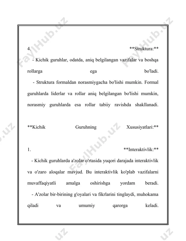 an, elektron pochta, xabar almashish dasturlari va videokonferensiyalar, jamoaviy aloqa samaradorligini oshirmoqda. 2022 yilgi hisobotlarda 85% kompaniyalar kommunikatsiya vositalaridan foydalanish natijasida samaradorlikning oshishini bildirgan. 4. **jamoaviy ko'nikmalar**: guruh a'zolari o'rtasidagi kommunikatsiya jarayonlari samarali amalga oshirilishi uchun muhim ko'nikmalardan biri faol tinglashdir. tadqiqotlar shuni ko'rsatadiki, faol tinglash 60% hollarda tushunmovchiliklarni kamroq keltirib chiqaradi. 5. **teskari aloqa va ta'sir**: teskari aloqa jarayonlari muvaffaqiyatli guruh ishining ajralmas qismlaridan biri hisoblanadi. 75% boshqaruvchilar teskari aloqa vositalarining joriy qilingani samaradorlikni oshirishini tasdiqlagan. 6. **madaniy va ijtimoiy omillar**: madaniy xilma-xillik guruh ichidagi kommunikatsiya strategiyalarini shakllantirishda katta rol o'ynaydi. xalqaro jamoalarda qilingan tadqiqotlar 45% hollarda madaniy farqlar jamoaviy kommunikatsiyada muammolar yuzaga keltirganini aniqlagan. 7. **maqsadni aniqlash va roli taqsimoti**: kommunikatsiya jarayonlari muvaffaqiyatli bo'lishi uchun guruh a'zolari o'rtasida aniq maqsadlar va rollar bo'lishi muhimdir. 2021 yilgi ma'lumotlarga ko'ra, aniq vazifalar belgilangan jamoalarda samaradorlik 30% ga oshgan. 8. **muammolarni hal qilish qobiliyati**: jamoa o'rtasidagi kommunikatsiya yomonlashganda, muammolarni yechish qobiliyati …